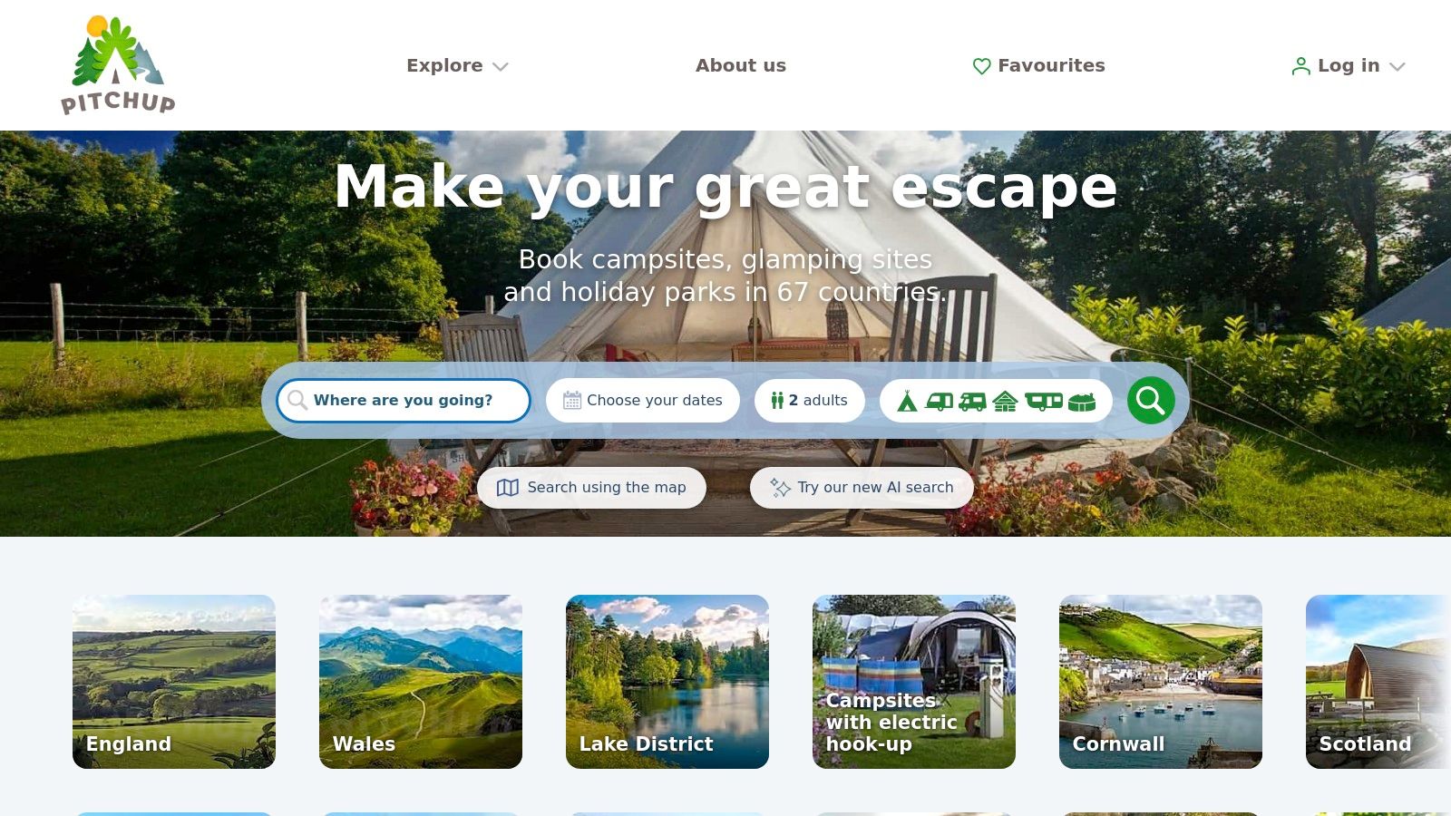 A screenshot of the Pitchup.com website showcasing search results for Norfolk camping sites with a map view.