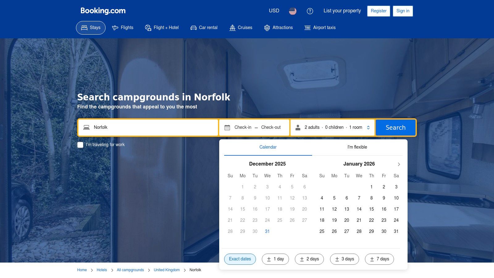 A screenshot of the Booking.com website showing search results for campgrounds in Norfolk, highlighting the map and filter options.