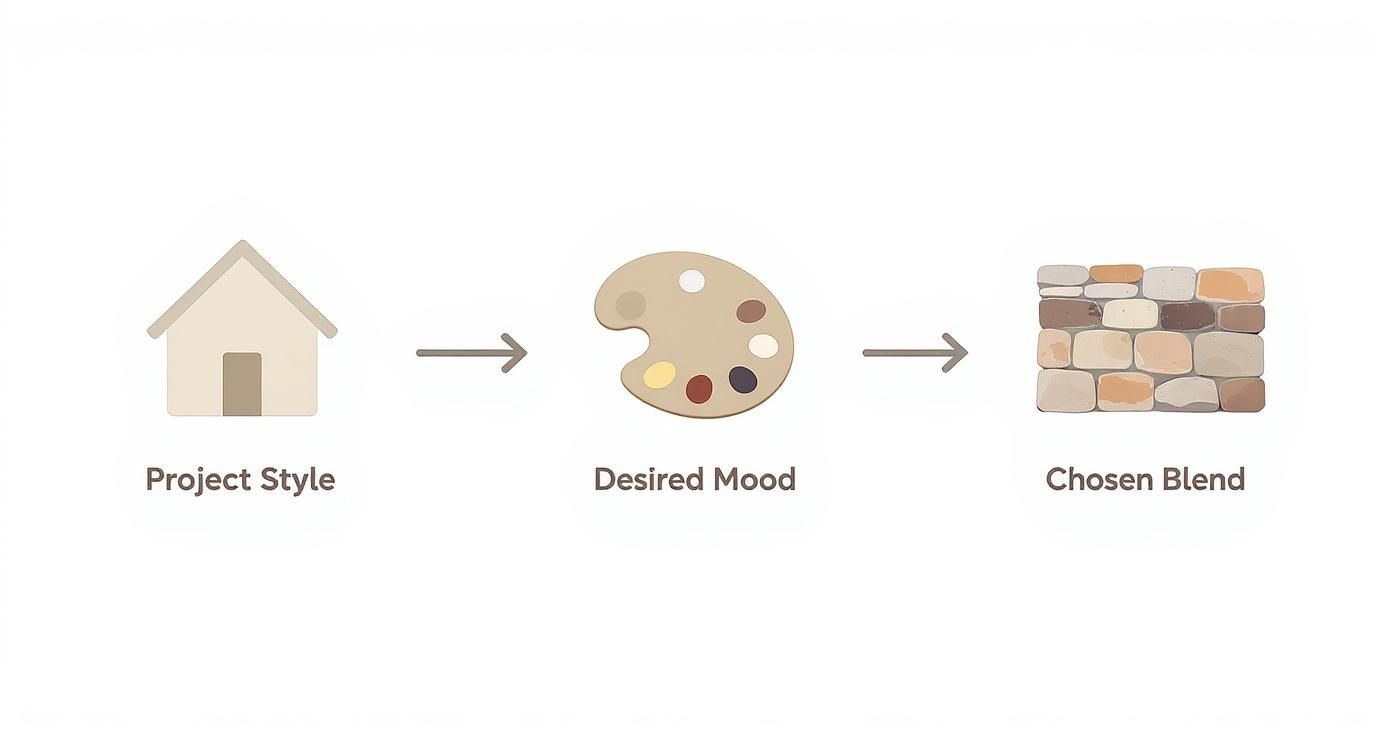 Infographic showing the process of choosing stone colors, starting with Project Style, moving to Desired Mood, and ending with a Chosen Blend.