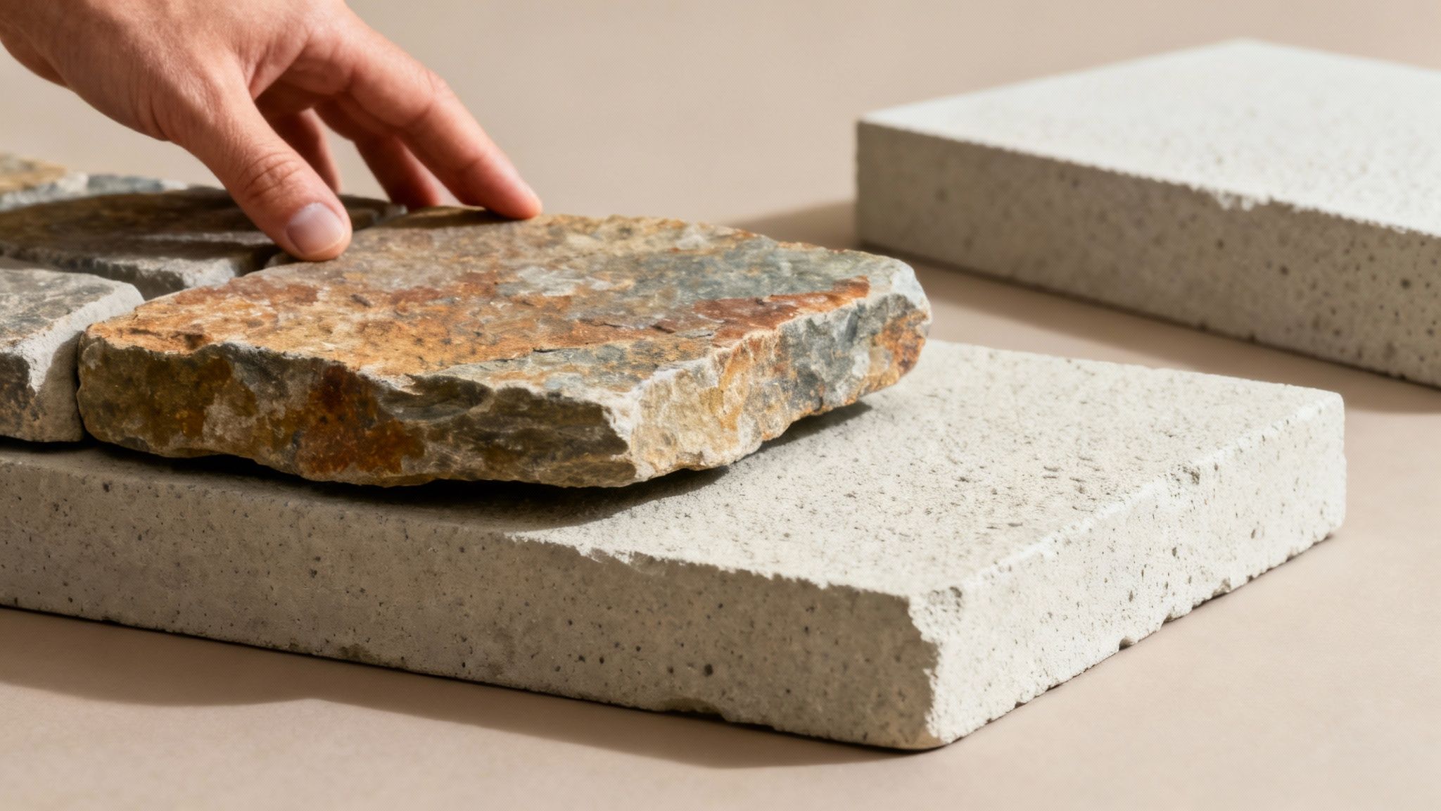 A close-up view of a natural stone veneer wood stove surround, highlighting its authentic texture and color variations.