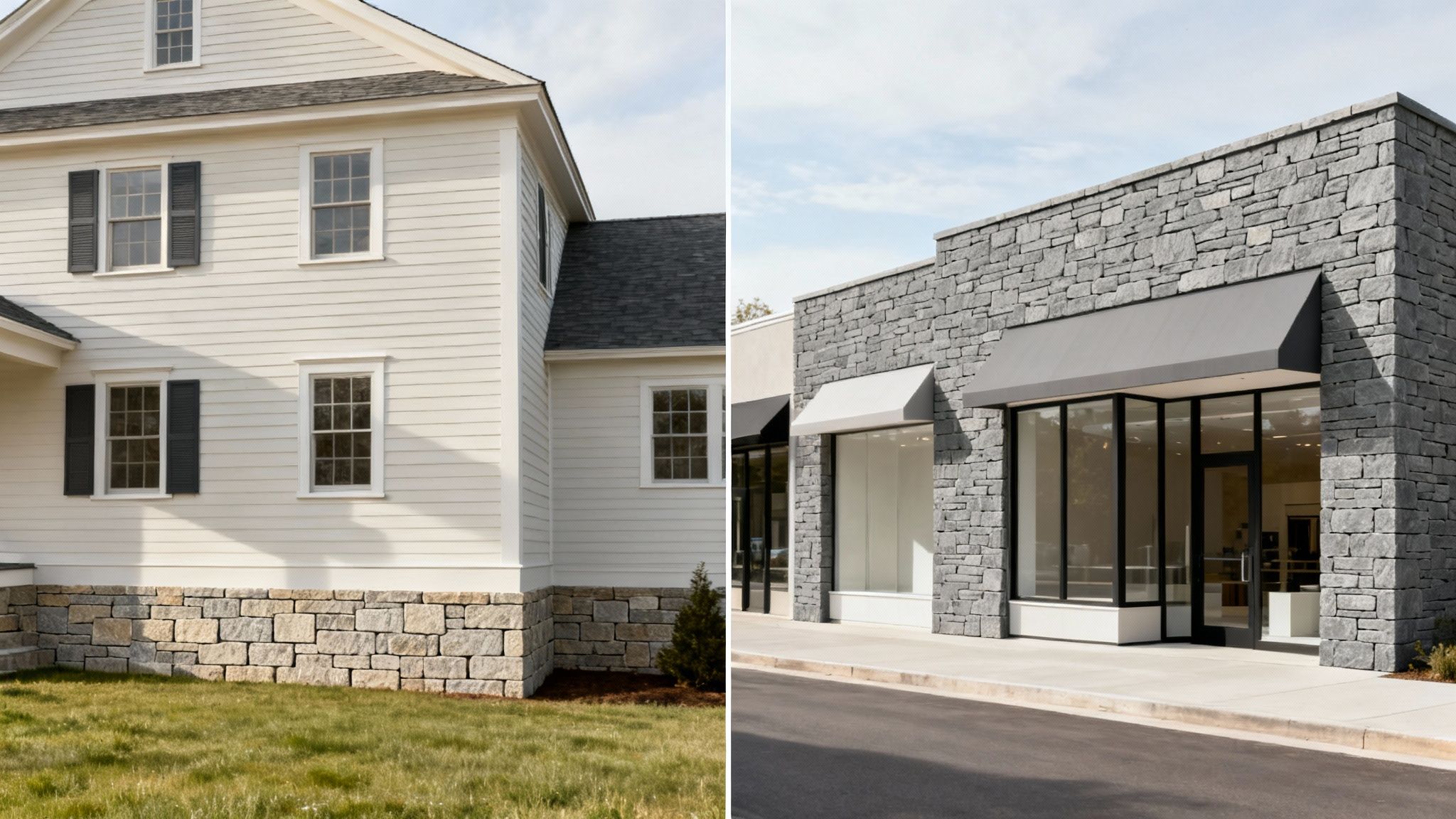 A modern home with a beautiful exterior cladding stone foundation and chimney.