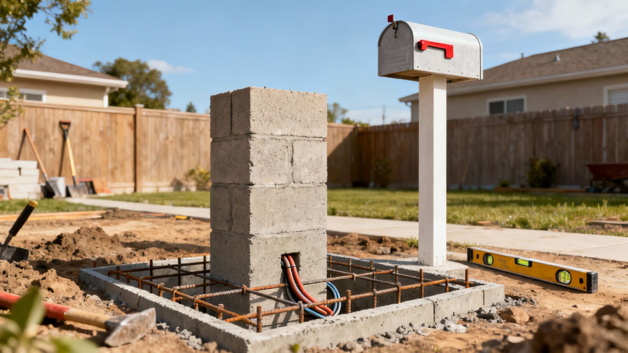 A solid core structure for a stone mailbox post, wrapped and ready for veneer application