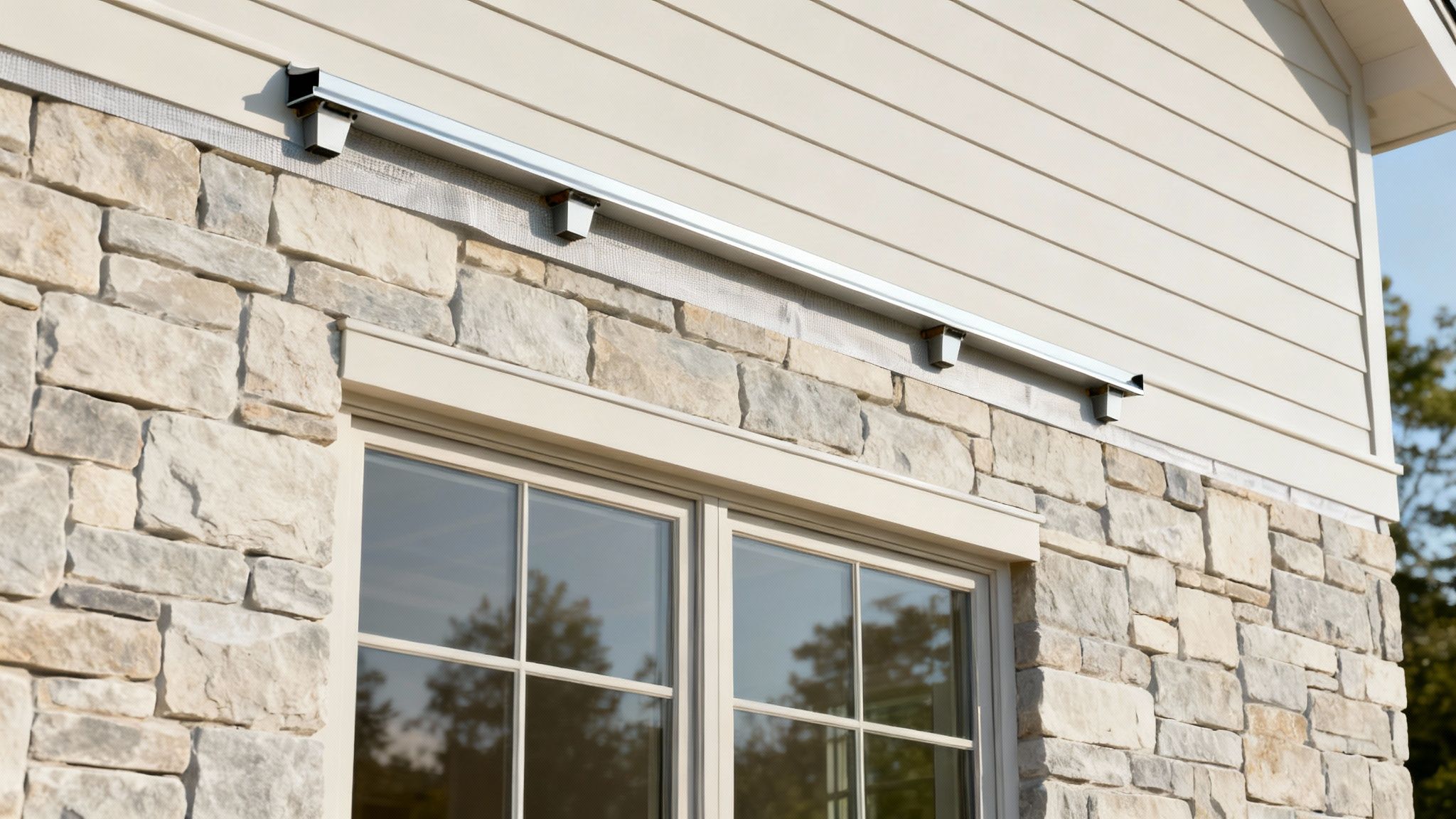 A detailed view of flashing around a window beneath a natural stone veneer wall.