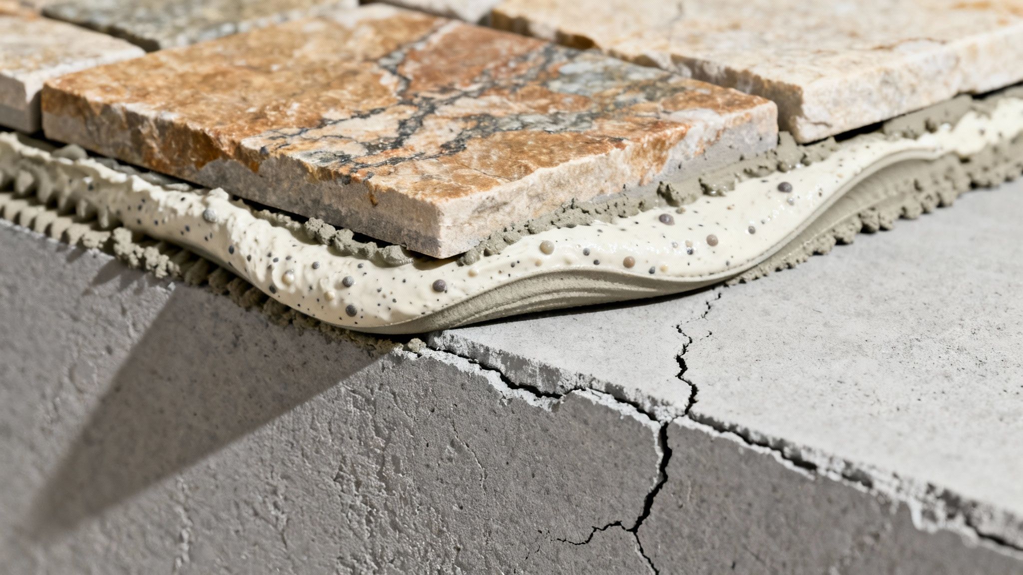 A mason back-butters a piece of natural stone veneer with Laticrete MVIS mortar before applying it to a wall.
