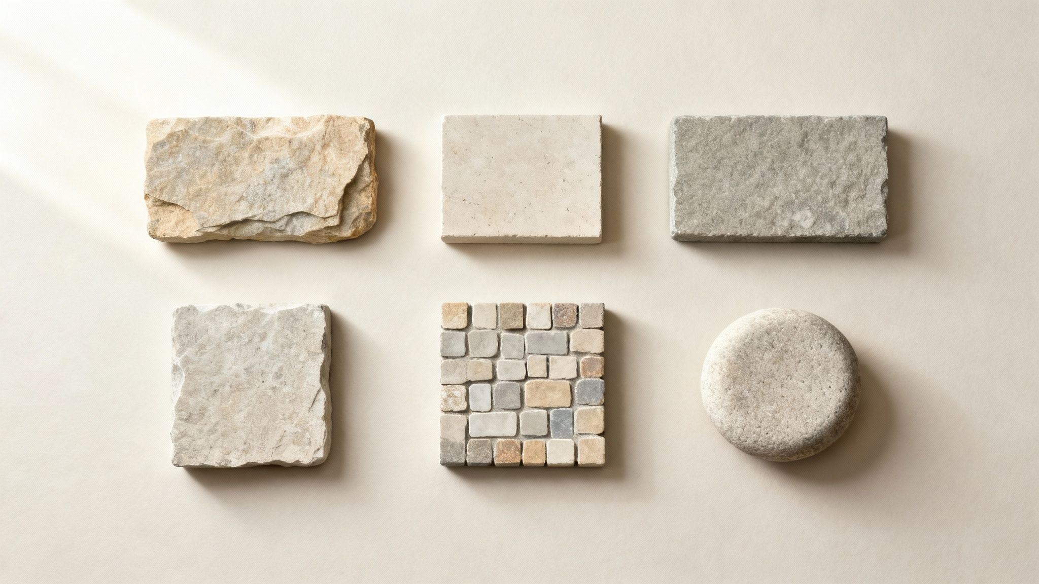 A display of various exterior cladding stone shapes and colors from Stoneyard's New England collection.