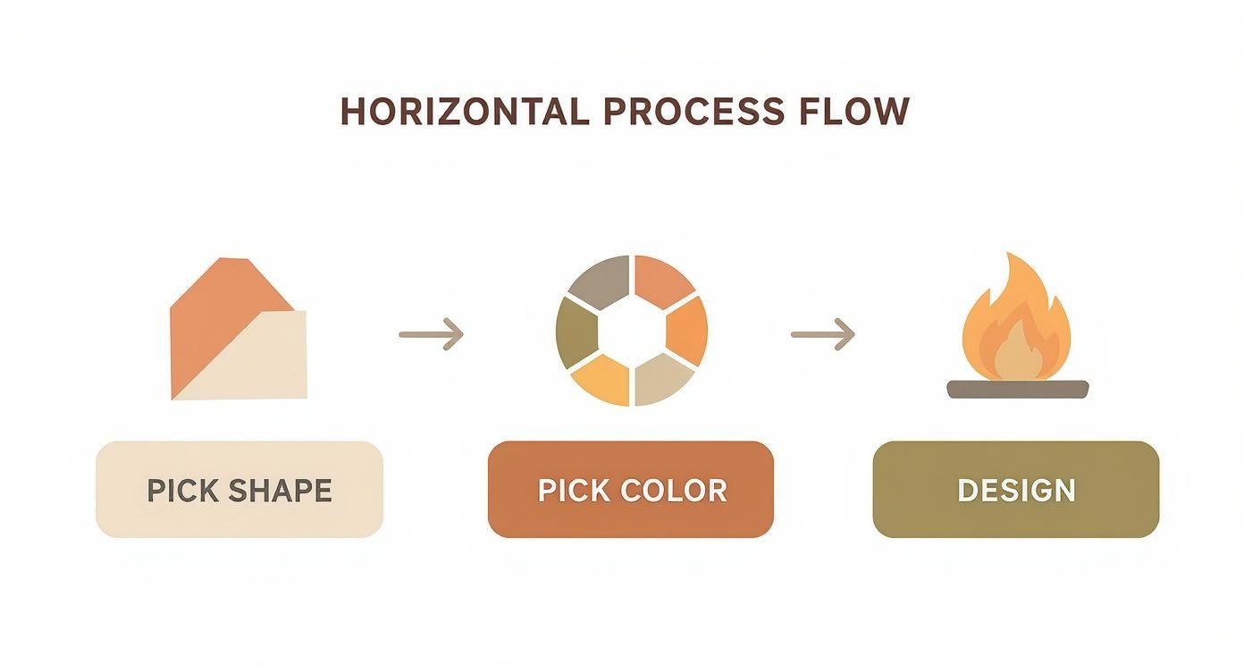 Infographic showing the three-step process for choosing a thin stone veneer: Pick Shape, Pick Color, and Design.