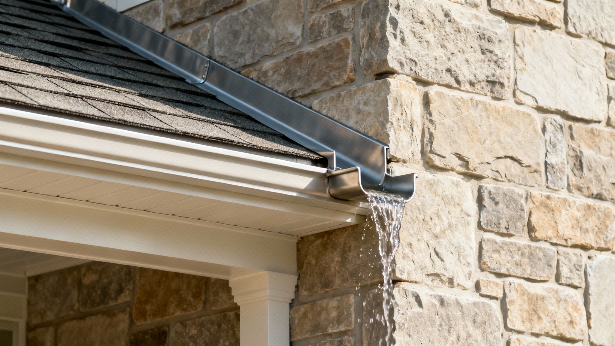 Step flashing and kick-out flashing installed at a roof-to-wall intersection.