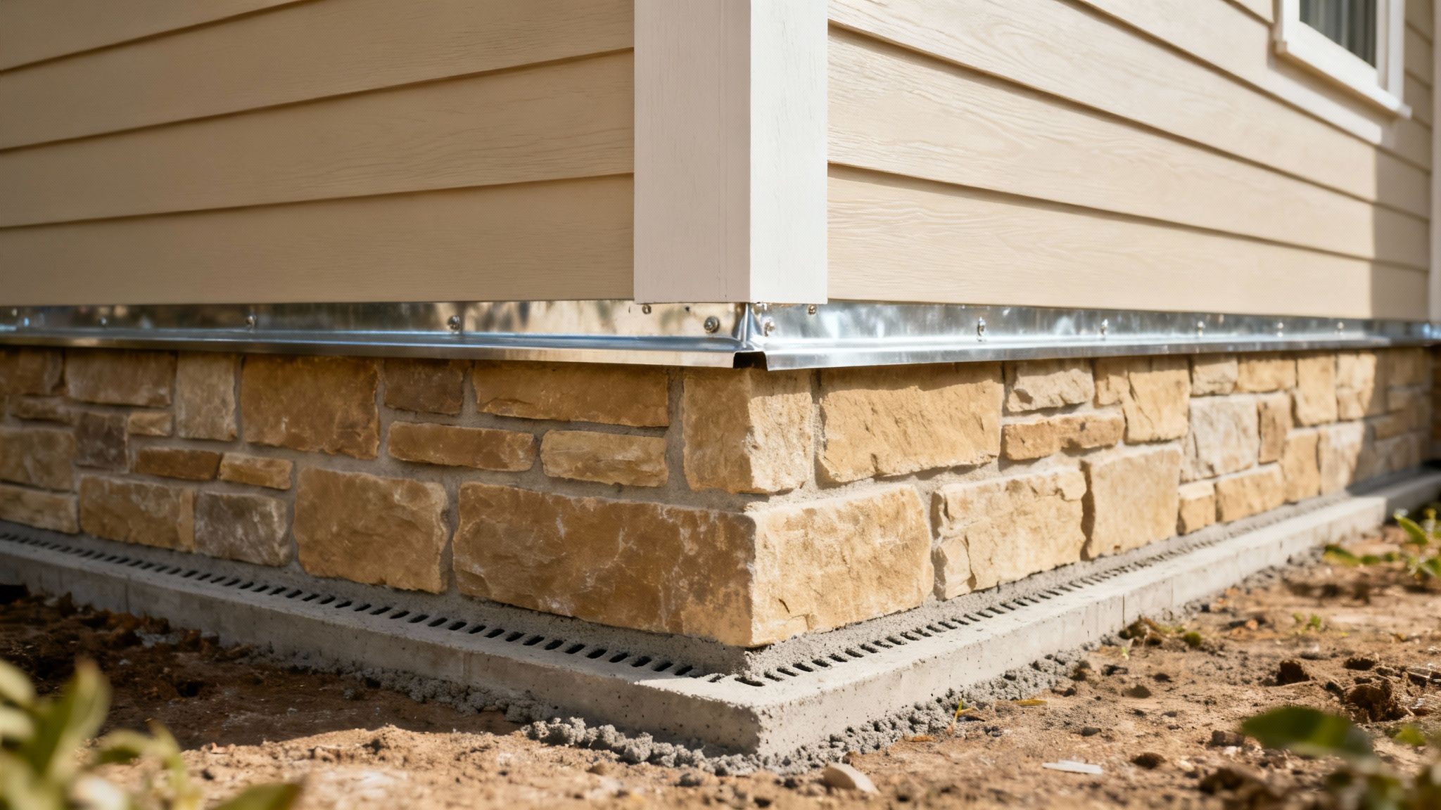 Natural stone veneer wall with visible weep screed at the base