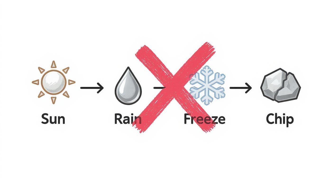 An infographic showing that natural stone veneer resists degradation from sun, rain, and freeze-thaw cycles, unlike materials that chip.