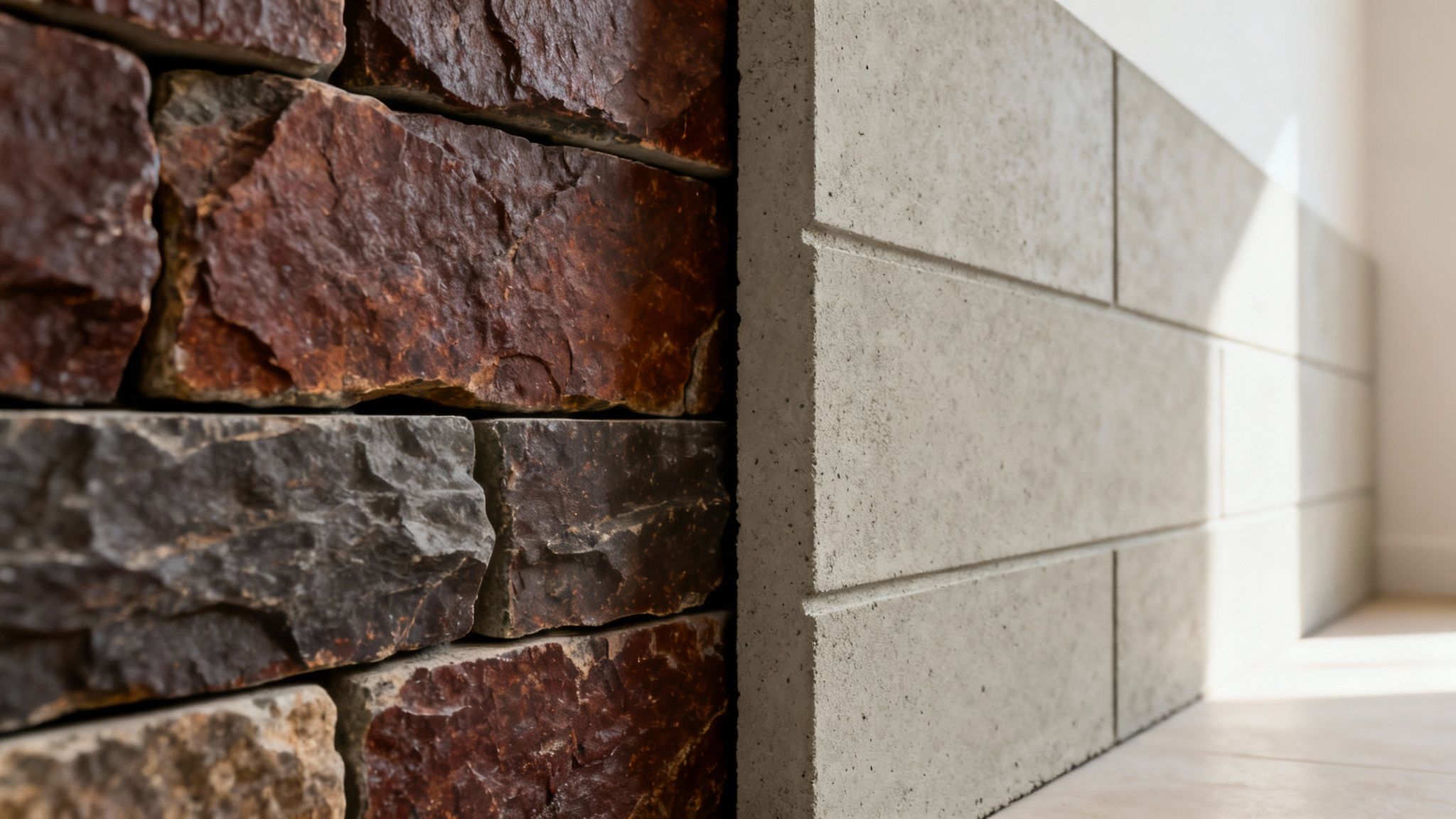 A detailed close-up of natural stone veneer on a fireplace, highlighting its unique texture and color variations.