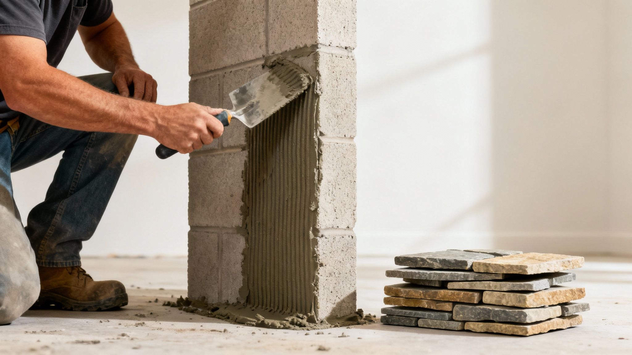 Applying Laticrete MVIS to vertical substrate for a stone veneer installation.