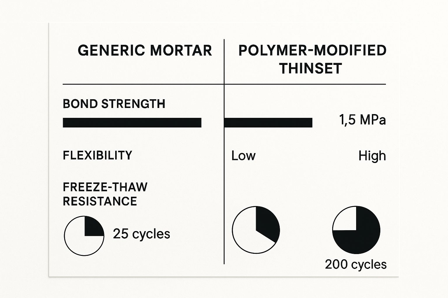 Infographic comparing the bond strength, flexibility, and freeze-thaw resistance of generic masonry mortar versus polymer-modified thinset mortar.