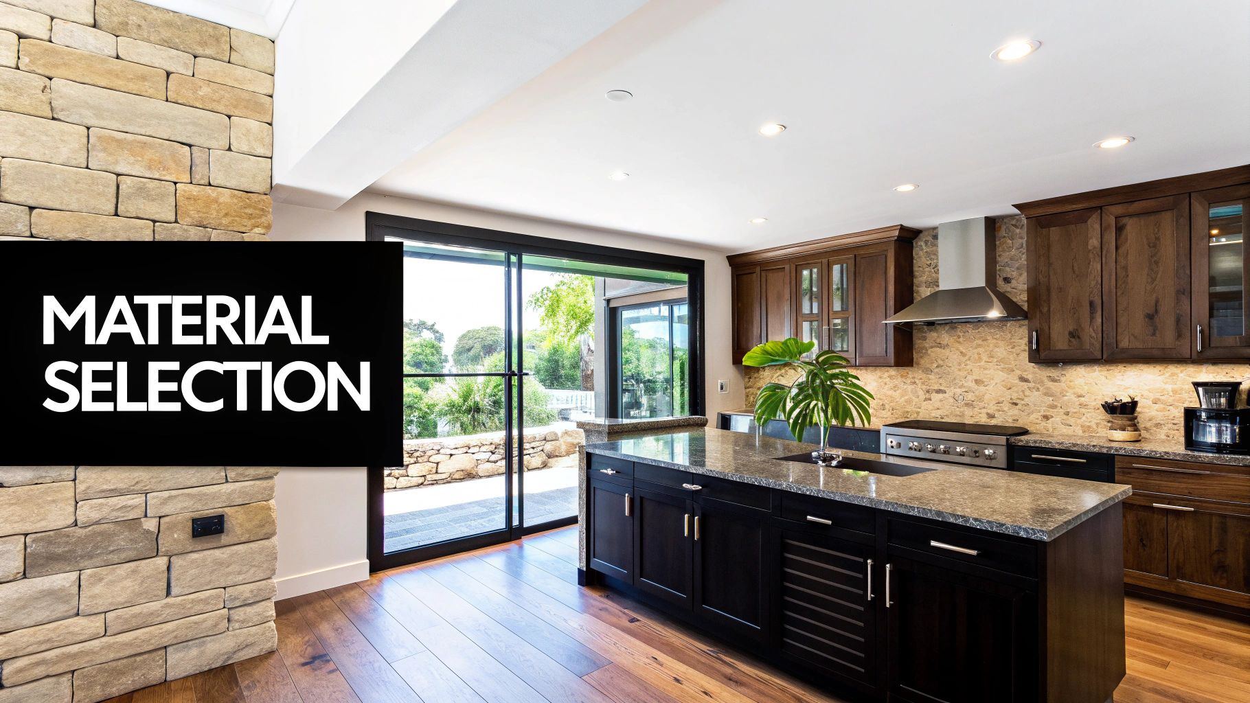 An interior with a blend of natural wood and stone materials.