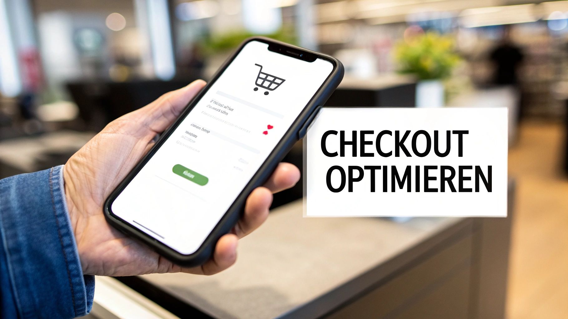 Eine stilisierte Darstellung eines Warenkorbs auf einem Bildschirm mit einem Fortschrittsbalken, der Vertrauen und Einfachheit symbolisiert.