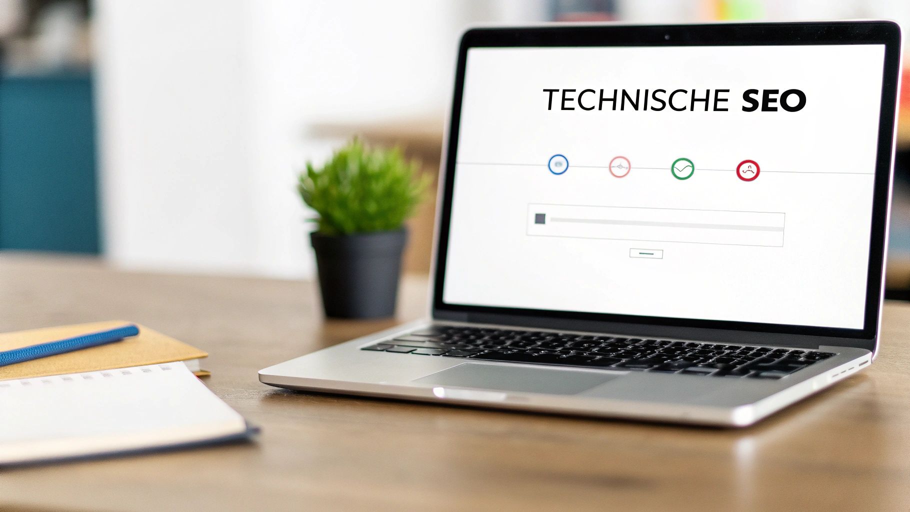 Prenosnik na leseni mizi z napisom 'TEHNIČNI SEO' na zaslonu, obdan z zvezkom in rastlino.