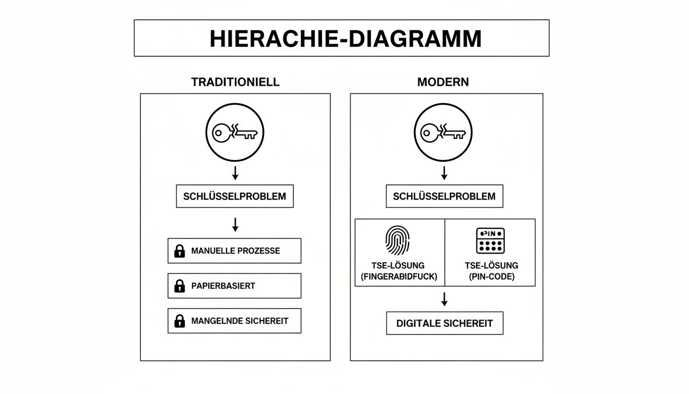 Hierarchie-Diagramm vergleicht traditionelle Schlüsselprobleme mit modernen digitalen Sicherheitslösungen wie Fingerabdruck und PIN-Code.