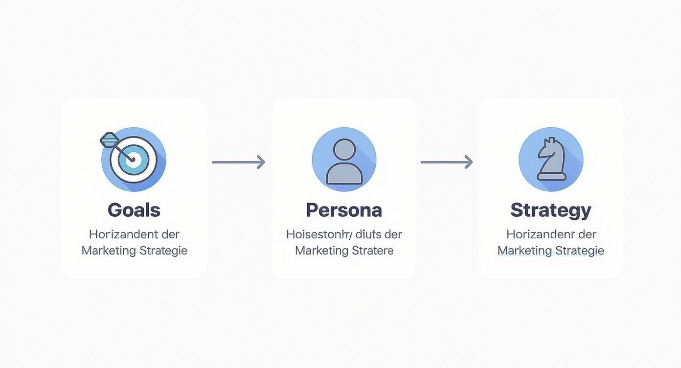 Infografik zeigt drei Schritte der Marketing Strategie: Ziele, Persona und Strategie mit Pfeilen verbunden