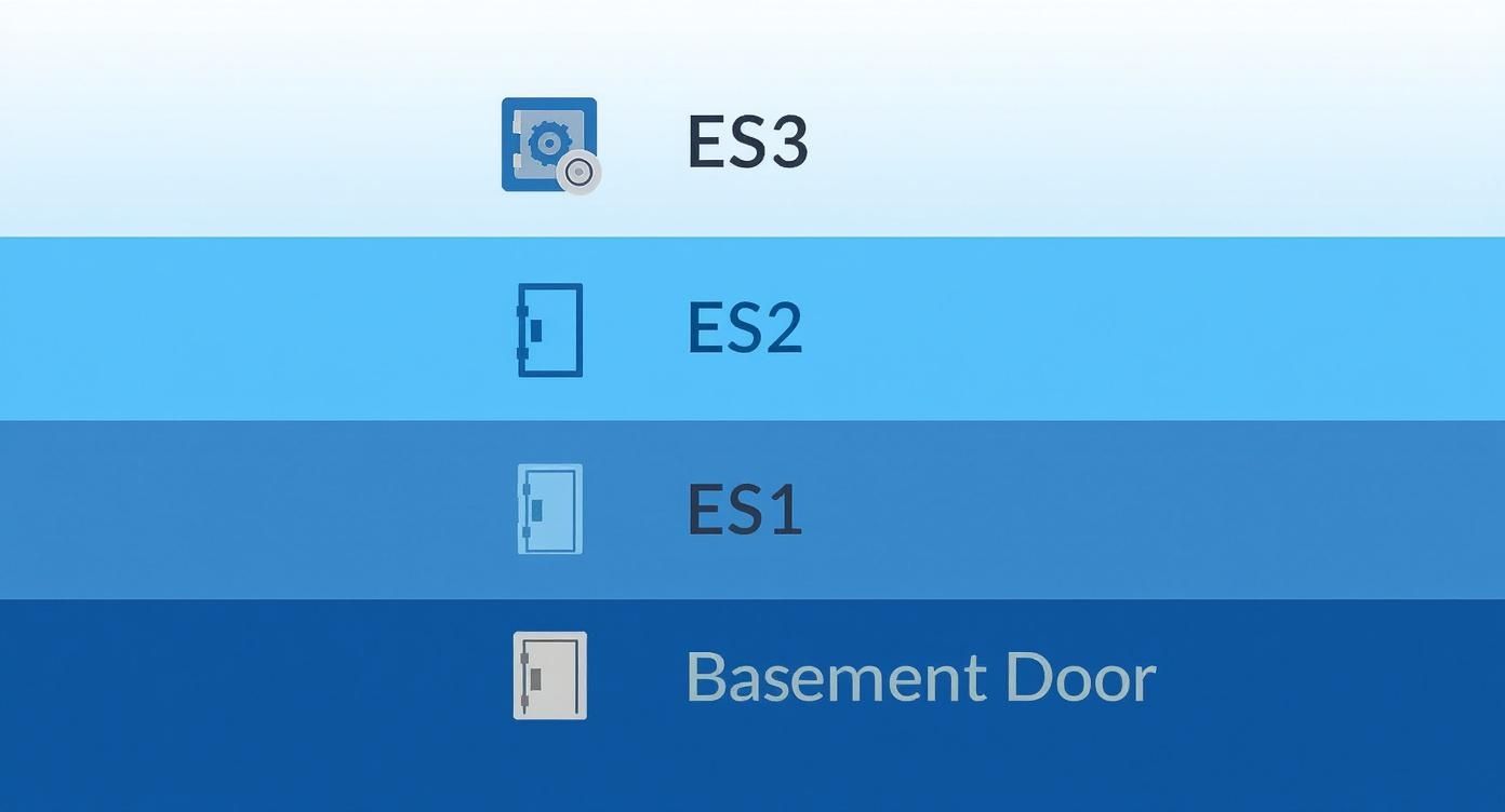Grafische Darstellung von vier Sicherheitsstufen: ES3 (mit Tresorsymbol), ES2, ES1 und Kellertür (mit Türsymbolen).