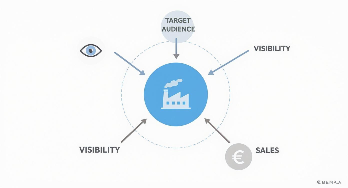Diagramm zeigt, wie Zielgruppe, Sichtbarkeit, ein Auge und Umsatz ein Unternehmen beeinflussen.