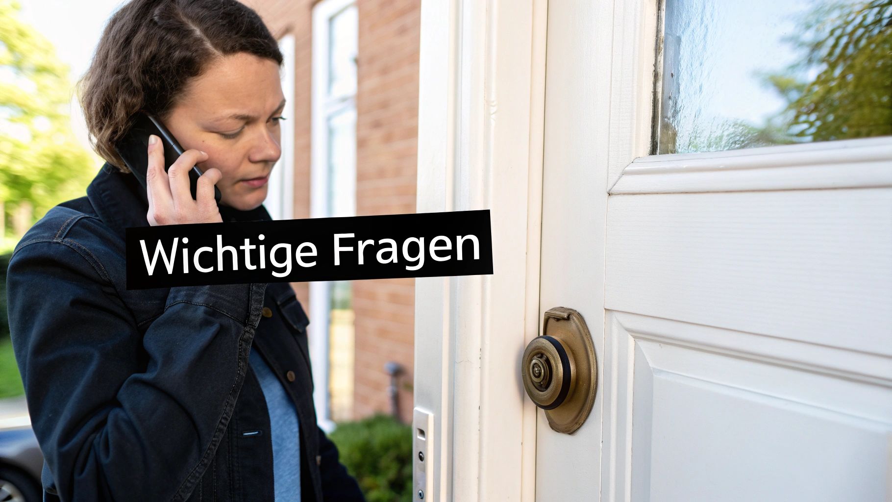 Eine Frau telefoniert mit ihrem Smartphone, während sie vor einer weißen Tür steht. Der Text „Wichtige Fragen“ ist eingeblendet.