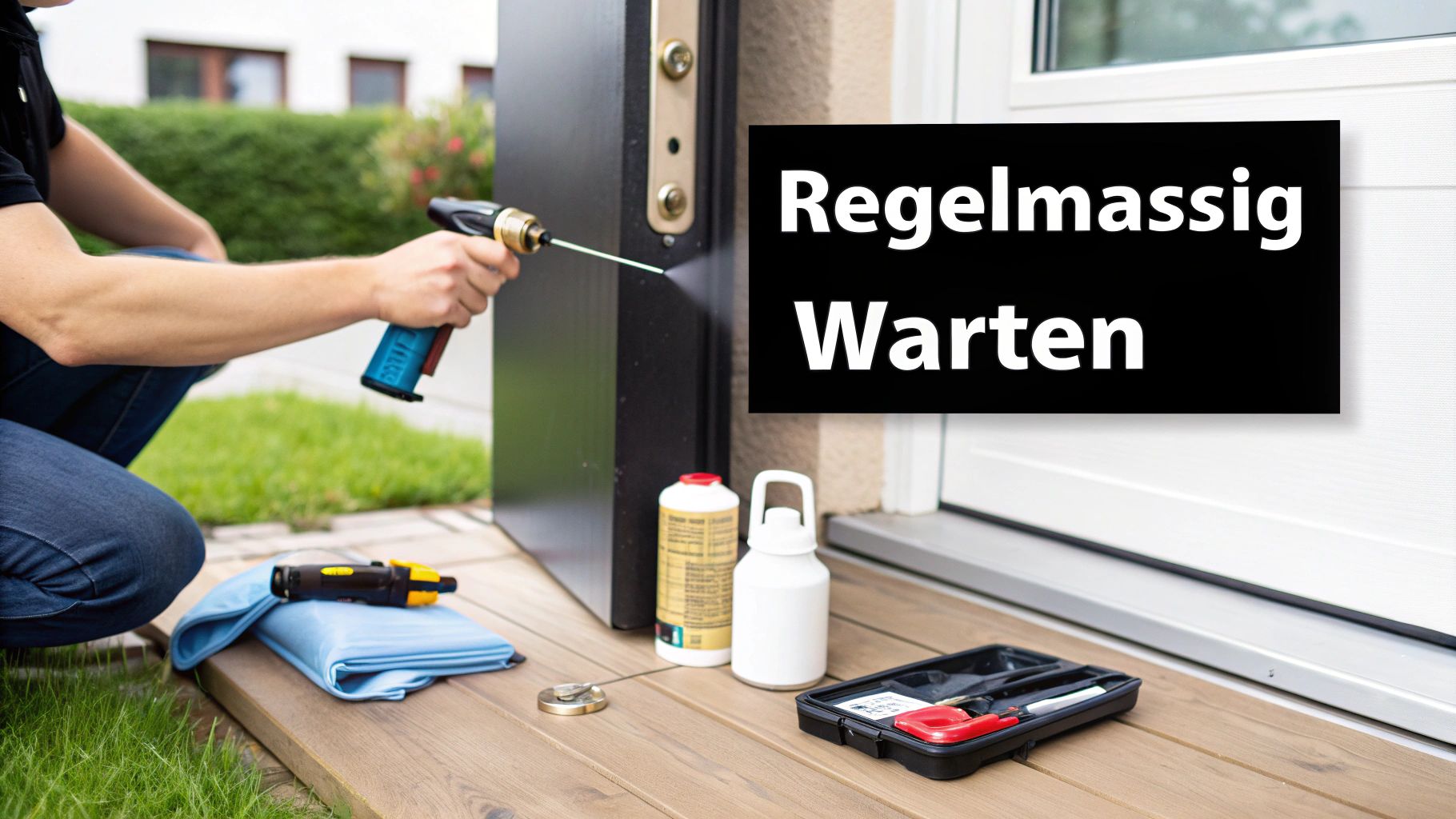 Eine Person schmiert ein Türschloss mit einem Spray, um es instand zu halten. Der Text 'Regelmässig Warten' ist sichtbar.