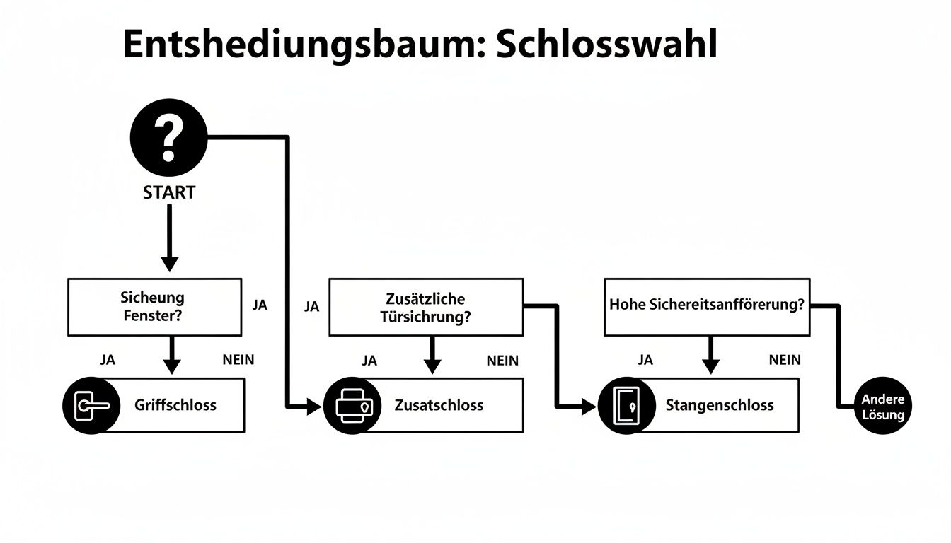 Entscheidungsbaum zur Schlosswahl zeigt Optionen für Fenster- und Türsicherung, von Griffschloss bis Stangenschloss.