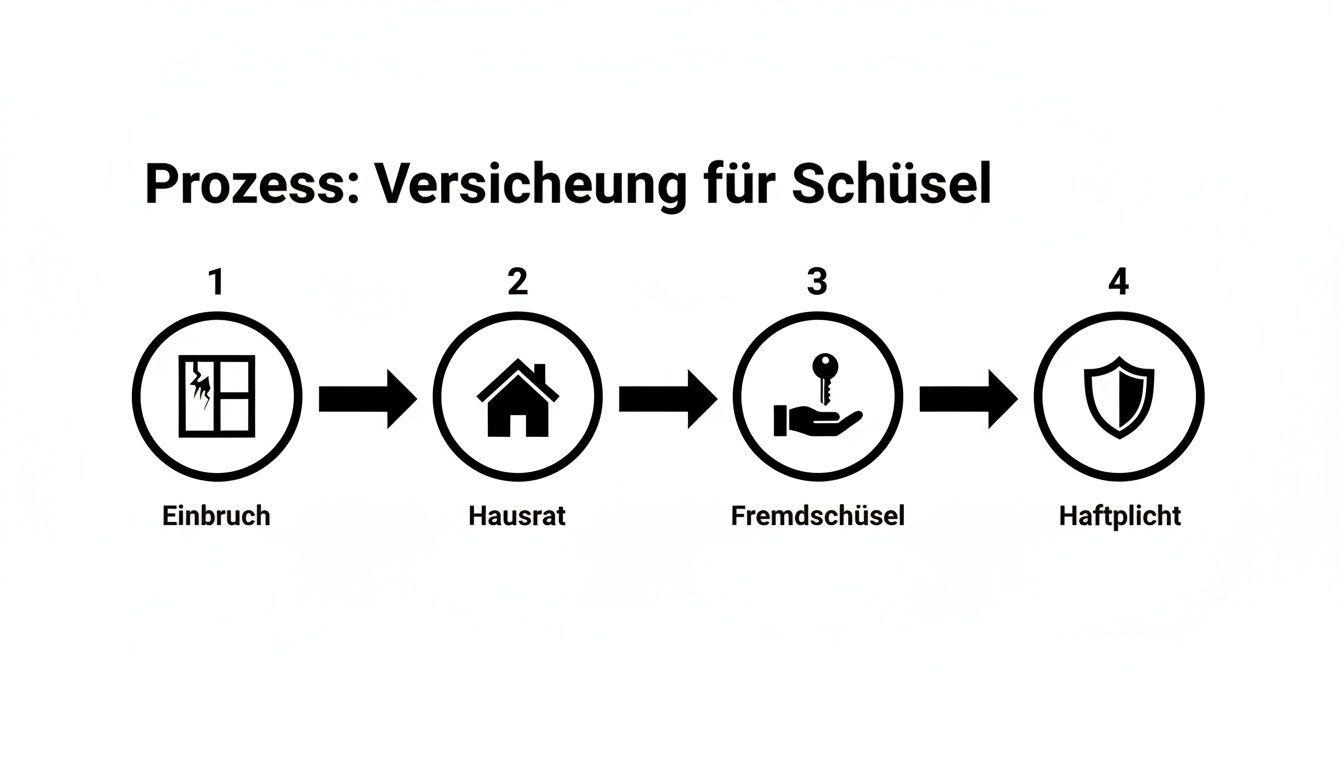 Prozessdiagramm der Schlüsselversicherung: Einbruch, Hausrat, Fremdschlüssel und Haftpflicht als Schritte.