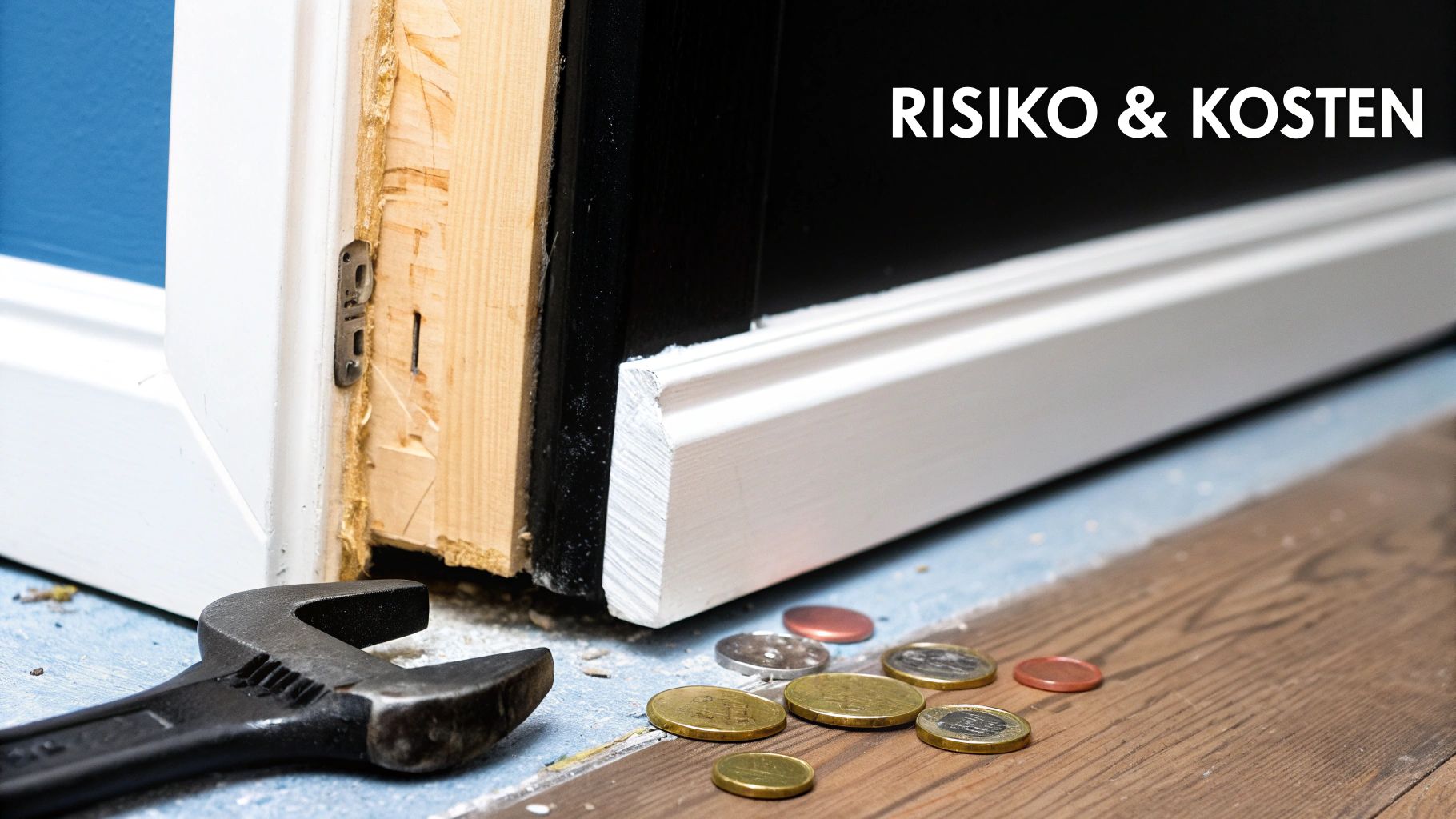 Ein beschädigter Türrahmen mit Kratzern und Absplitterungen, der die Kosten von unsachgemäßen Türöffnungsversuchen zeigt.