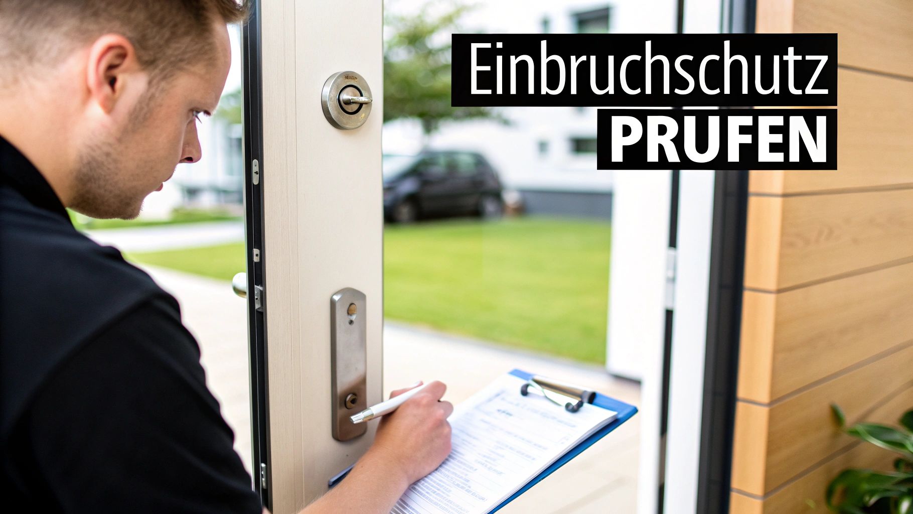 Ein Techniker prüft den Einbruchschutz einer Haustür und macht sich Notizen auf einem Klemmbrett.