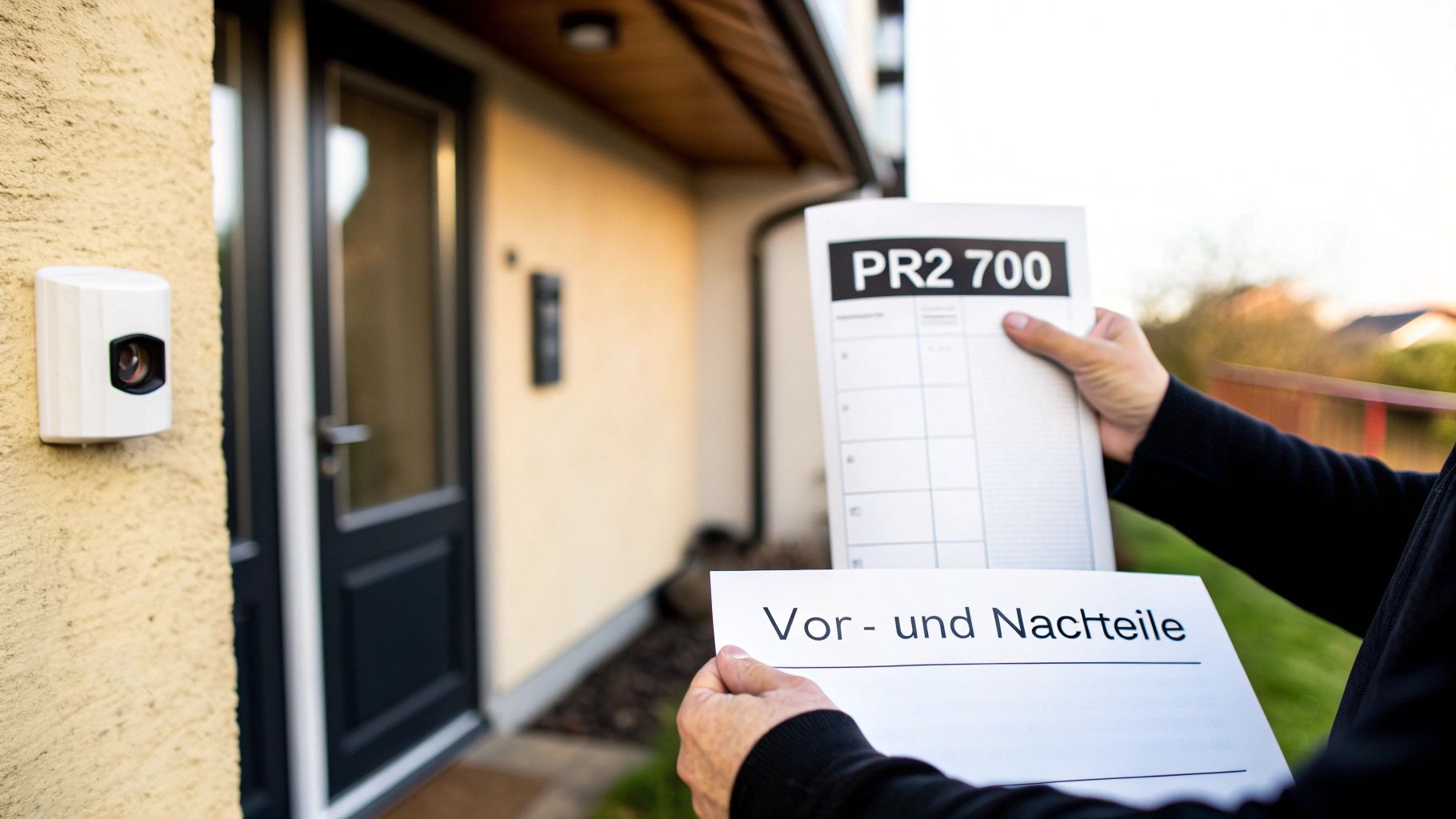 Eine Person hält Dokumente mit 'PR2 700' und 'Vor- und Nachteile' vor einem Haus mit Sicherheitssystem.