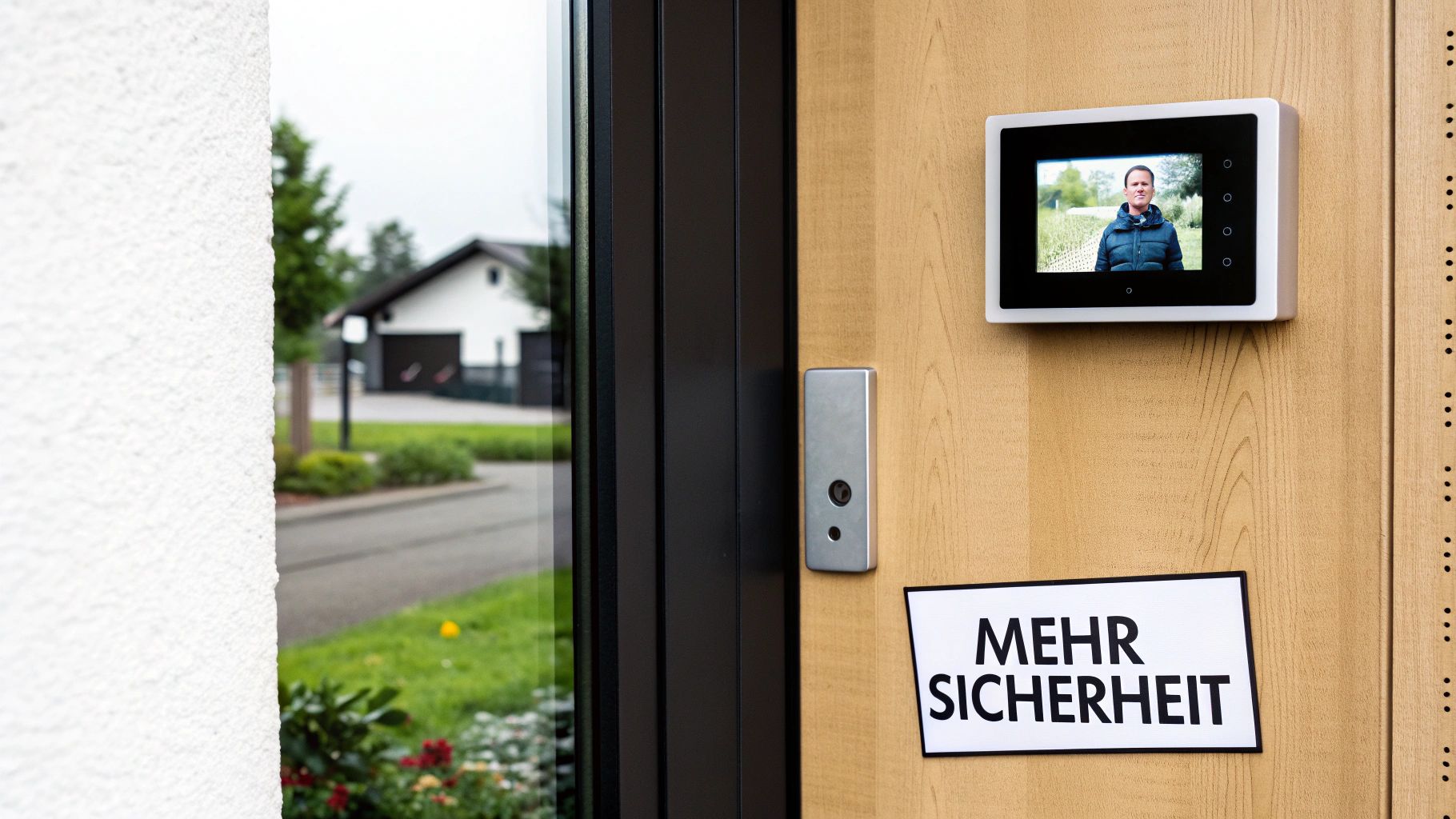 Moderne Video-Gegensprechanlage zeigt Besucher auf Bildschirm an der Haustür, mit Schild 'Mehr Sicherheit'.