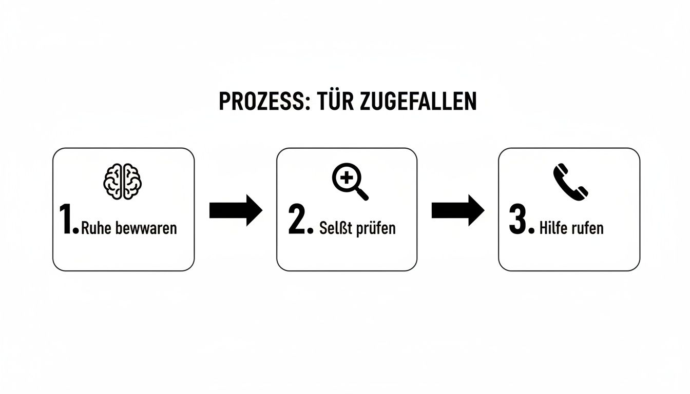 Diagramm eines 3-Schritte-Prozesses bei einer zugeschlagenen Tür: Ruhe bewahren, selbst prüfen, Hilfe rufen.