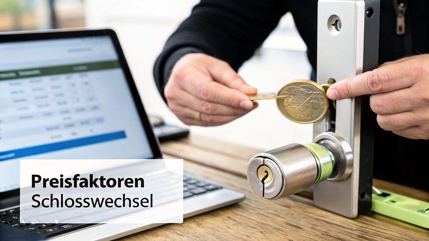 Nahaufnahme einer Hand, die einen Schlüssel in ein Türschloss steckt, mit einem Laptop im Hintergrund und Text: Preisfaktoren Schlosswechsel.