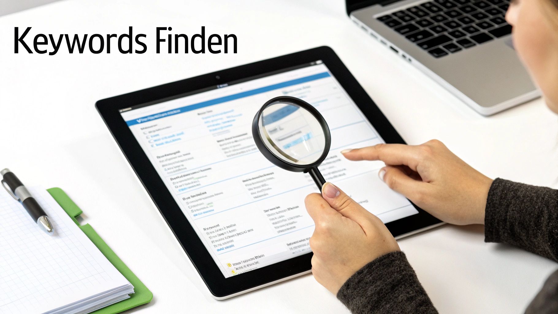 Person verwendet Lupe zur Keyword-Recherche auf Tablet-Bildschirm für Suchmaschinenoptimierung und Content-Marketing