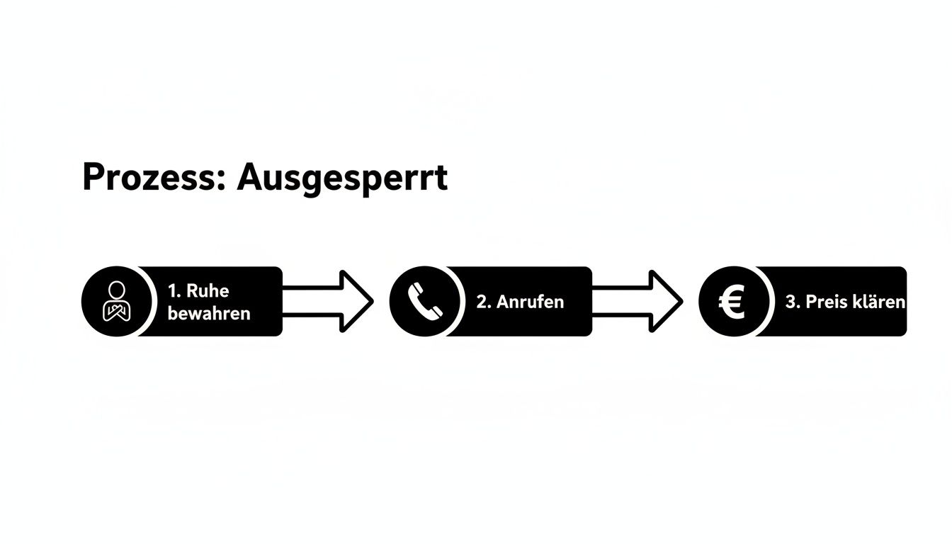 Ein Flussdiagramm zeigt den Prozess, wenn man sich ausgesperrt hat: Ruhe bewahren, anrufen, Preis klären.