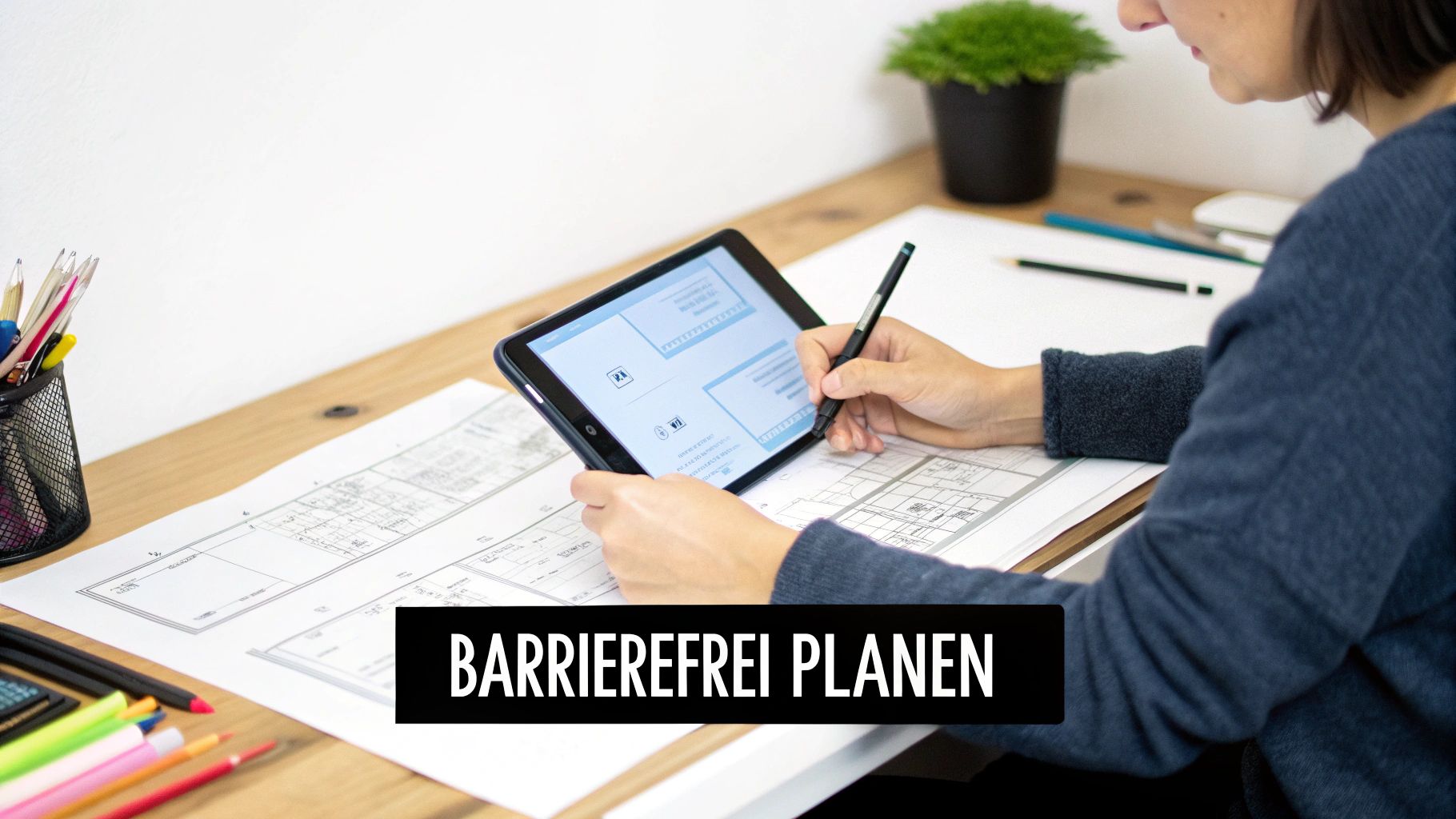 Eine Gruppe von Entwicklern und Designern arbeitet an einem Whiteboard, auf dem Skizzen und Post-its zu sehen sind, die den Planungsprozess einer barrierefreien Website darstellen.