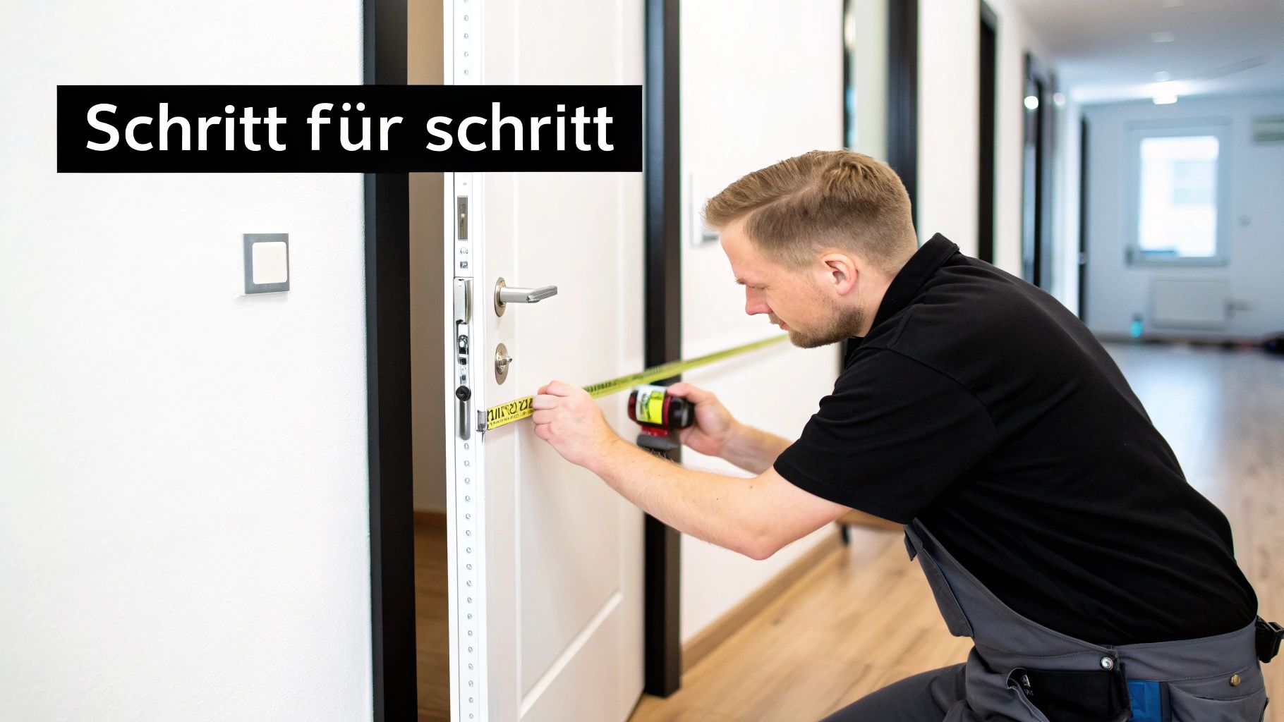Ein Handwerker misst einen Türzylinder mit einem Maßband. Dies ist eine Schritt-für-Schritt-Anleitung zur Schlossmontage.