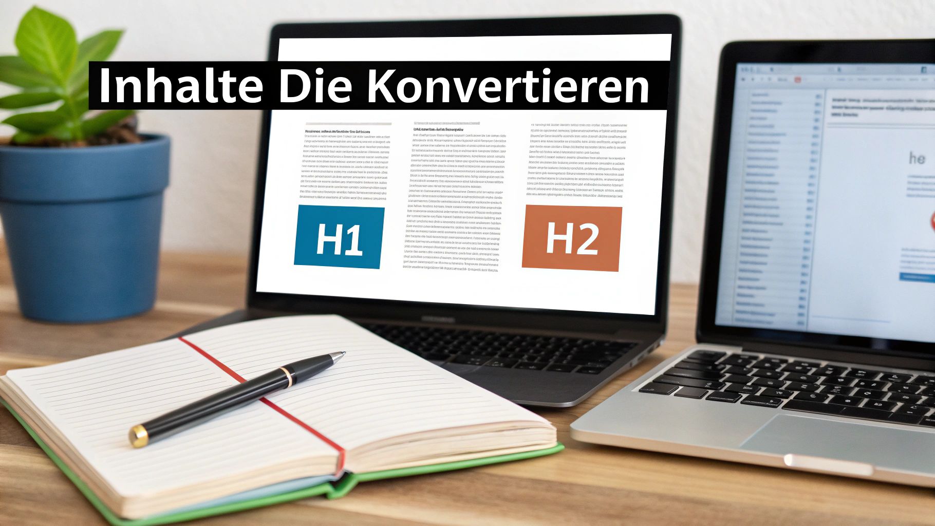 Two laptops on a desk, one displays content with H1/H2 headings and the title 'Content That Converts'.