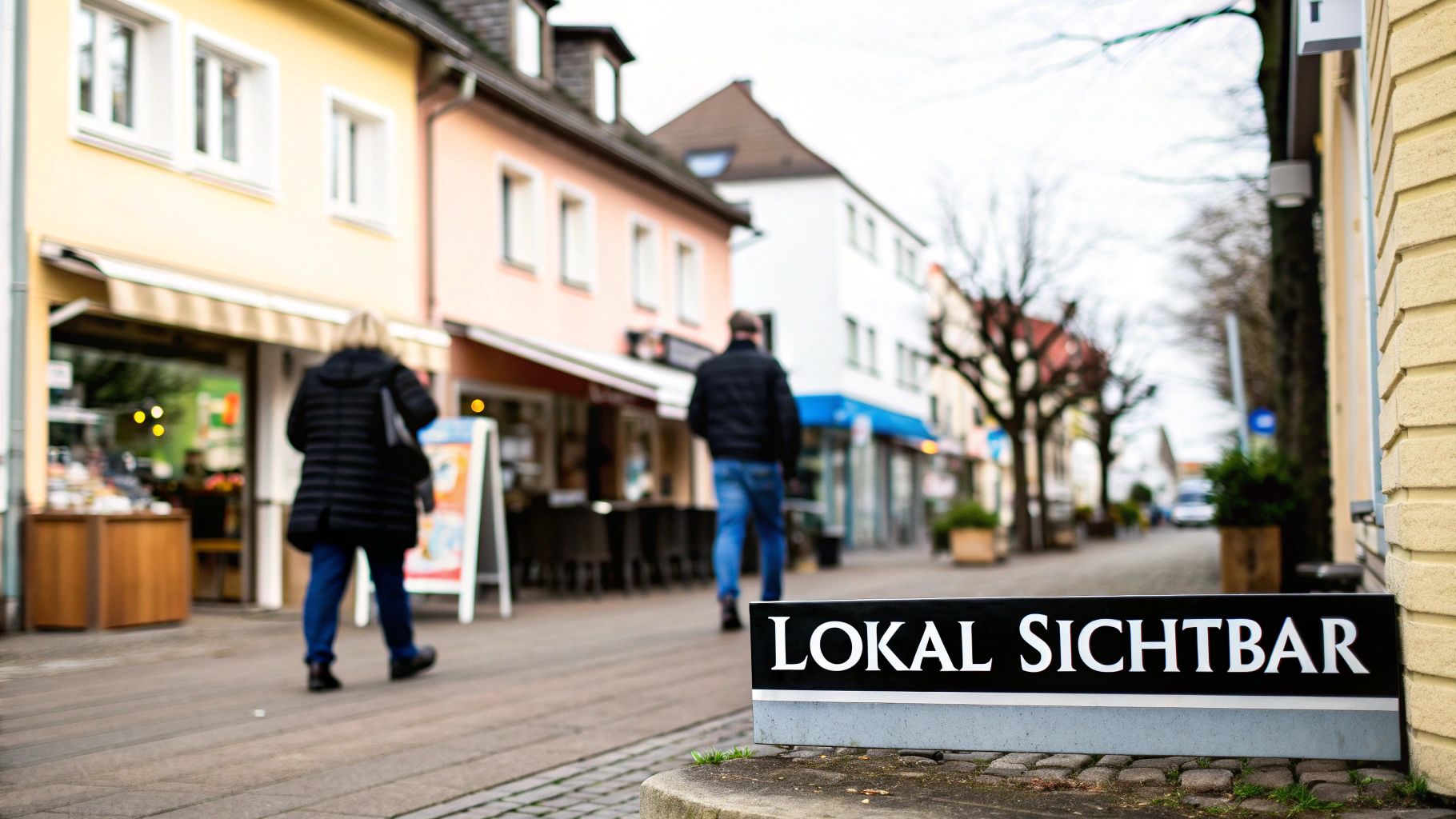 Passanten gehen auf einer belebten Einkaufsstraße mit Geschäften, im Vordergrund ein Schild „LOKAL SICHTBAR“.