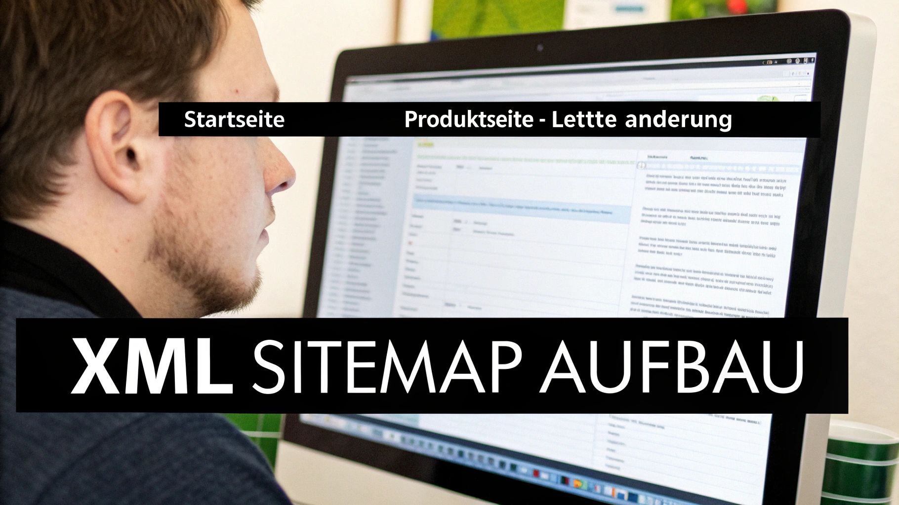 Nahaufnahme eines Mannes, der auf einen Computermonitor blickt, der eine XML-Sitemap-Struktur und Seitentypen anzeigt.