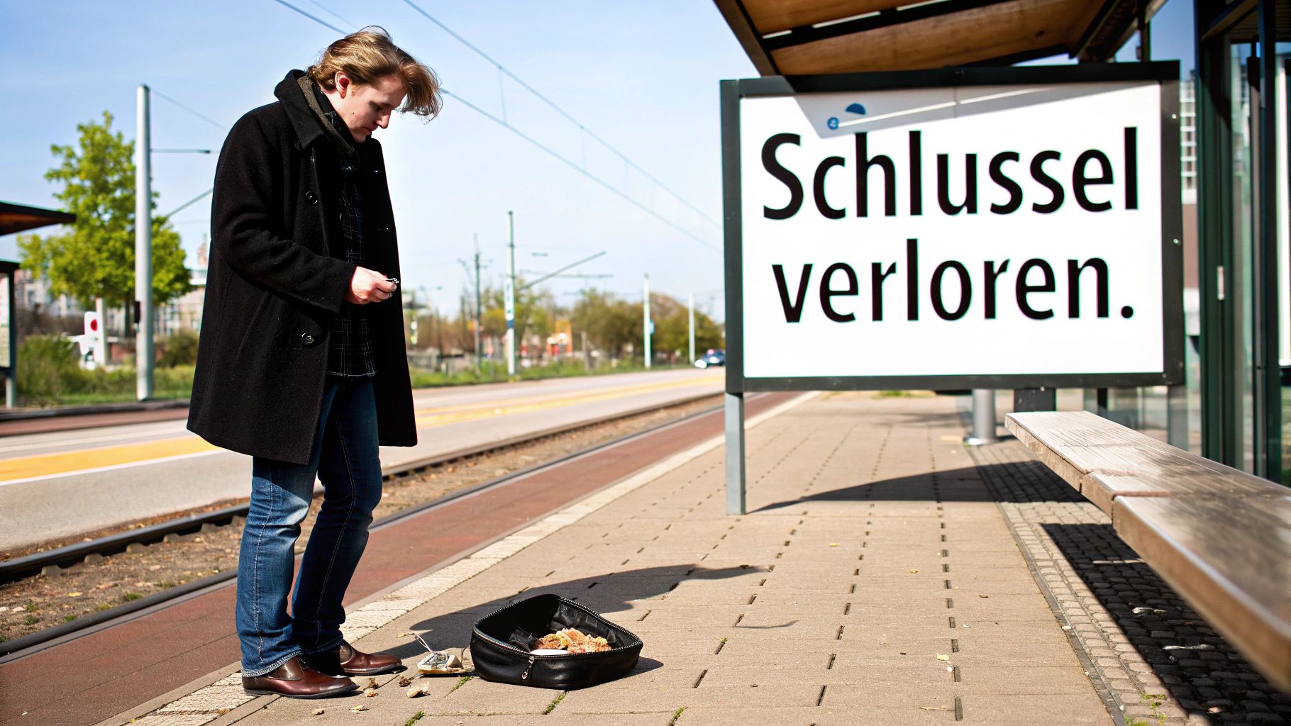 Ein Mann sucht am Bahnsteig nach verlorenen Schlüsseln, mit einem Schild „Schlüssel verloren“ im Hintergrund.