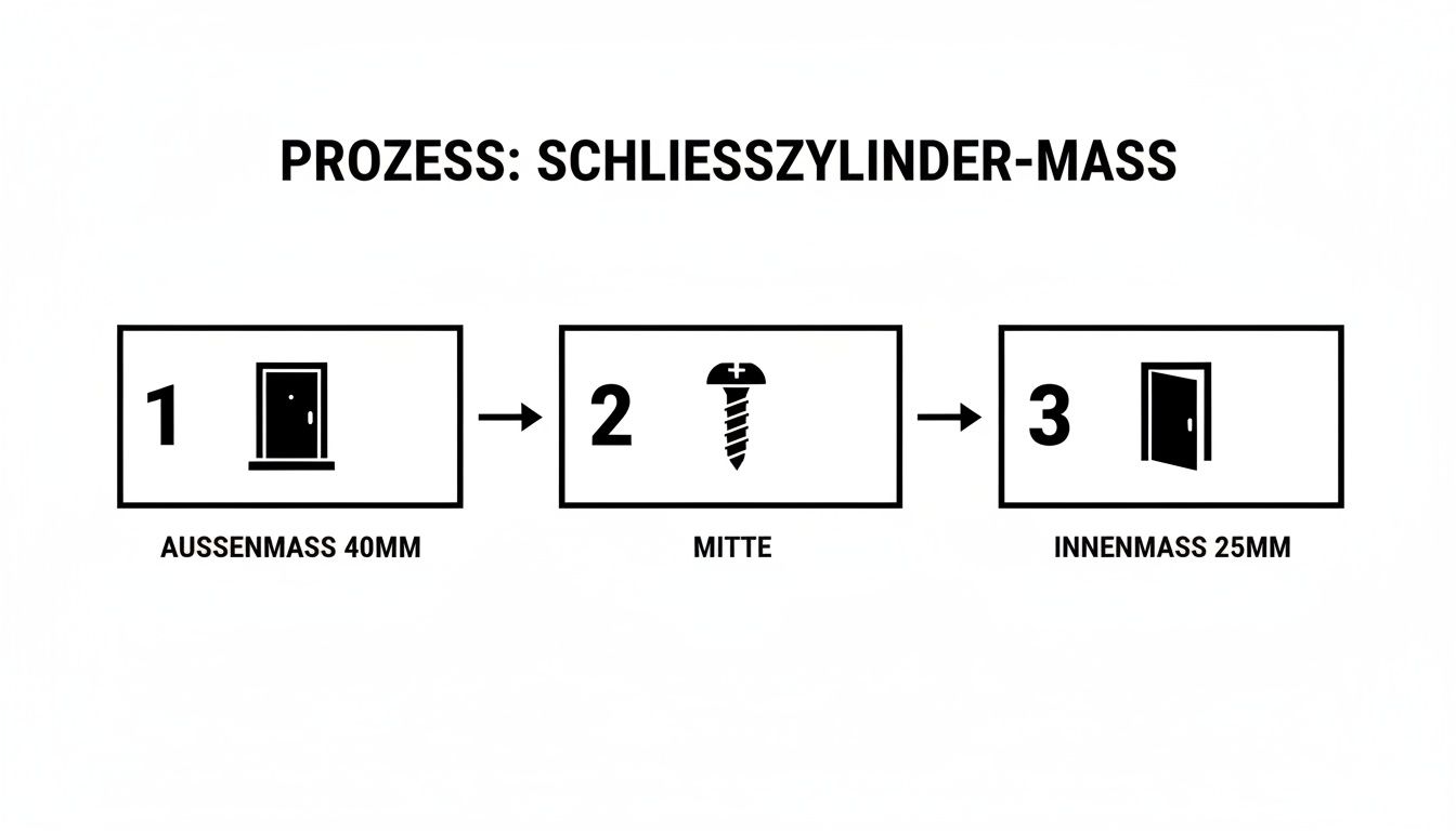 Schema zur Messung eines Schließzylinders, illustriert mit Außemaß (40mm), Mitte (Schraube) und Innenmaß (25mm).