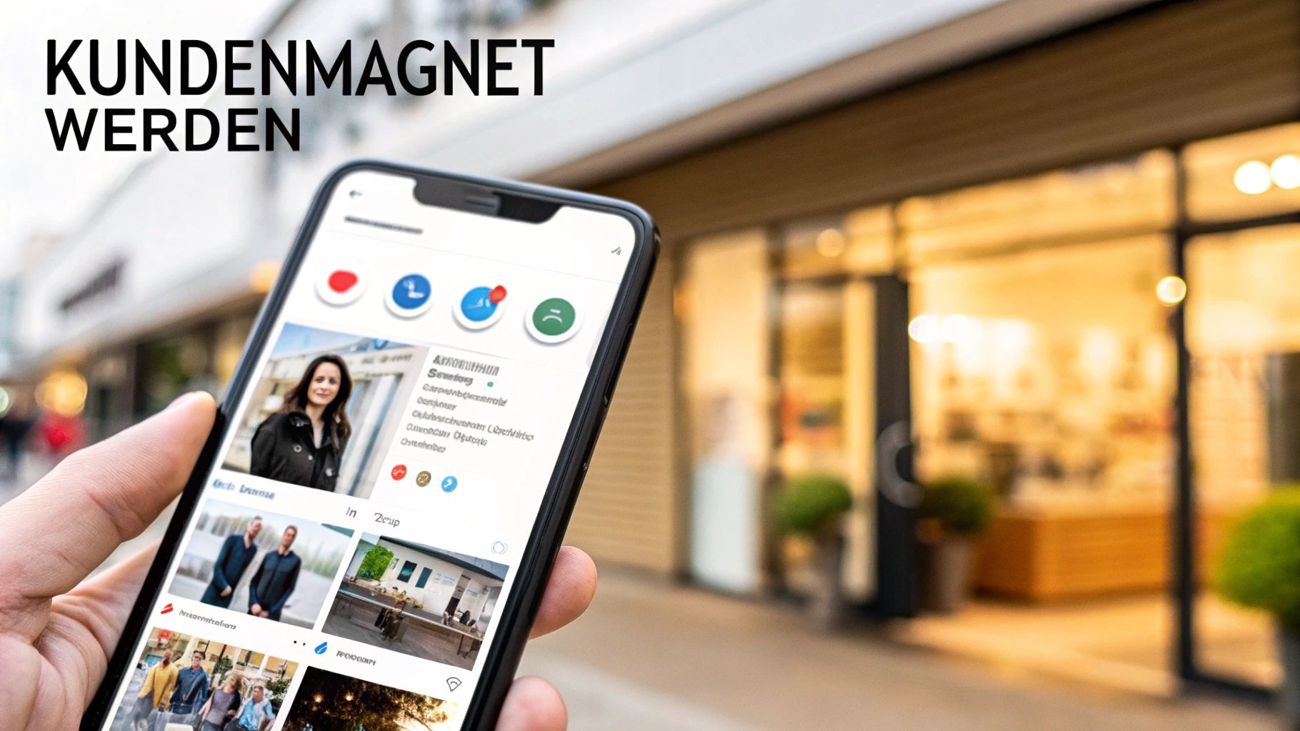 A hand holds a smartphone with social media content and the text 'BECOME A CUSTOMER MAGNET' in front of a row of shops.