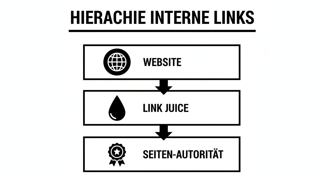 Questo diagramma mostra la gerarchia dei link interni per la SEO: dal sito web, passando per il link juice, fino all'autorità della pagina.