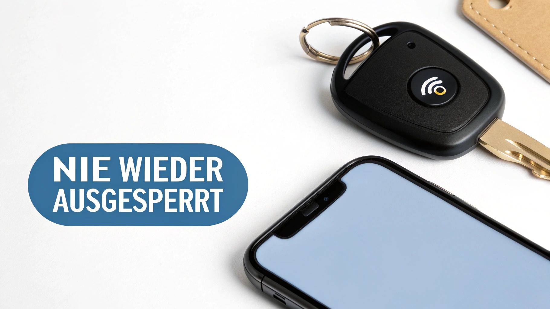 Schlüssel, Smartphone und der Text 'NIE WIEDER AUSGESPERRT' auf weißem Hintergrund.