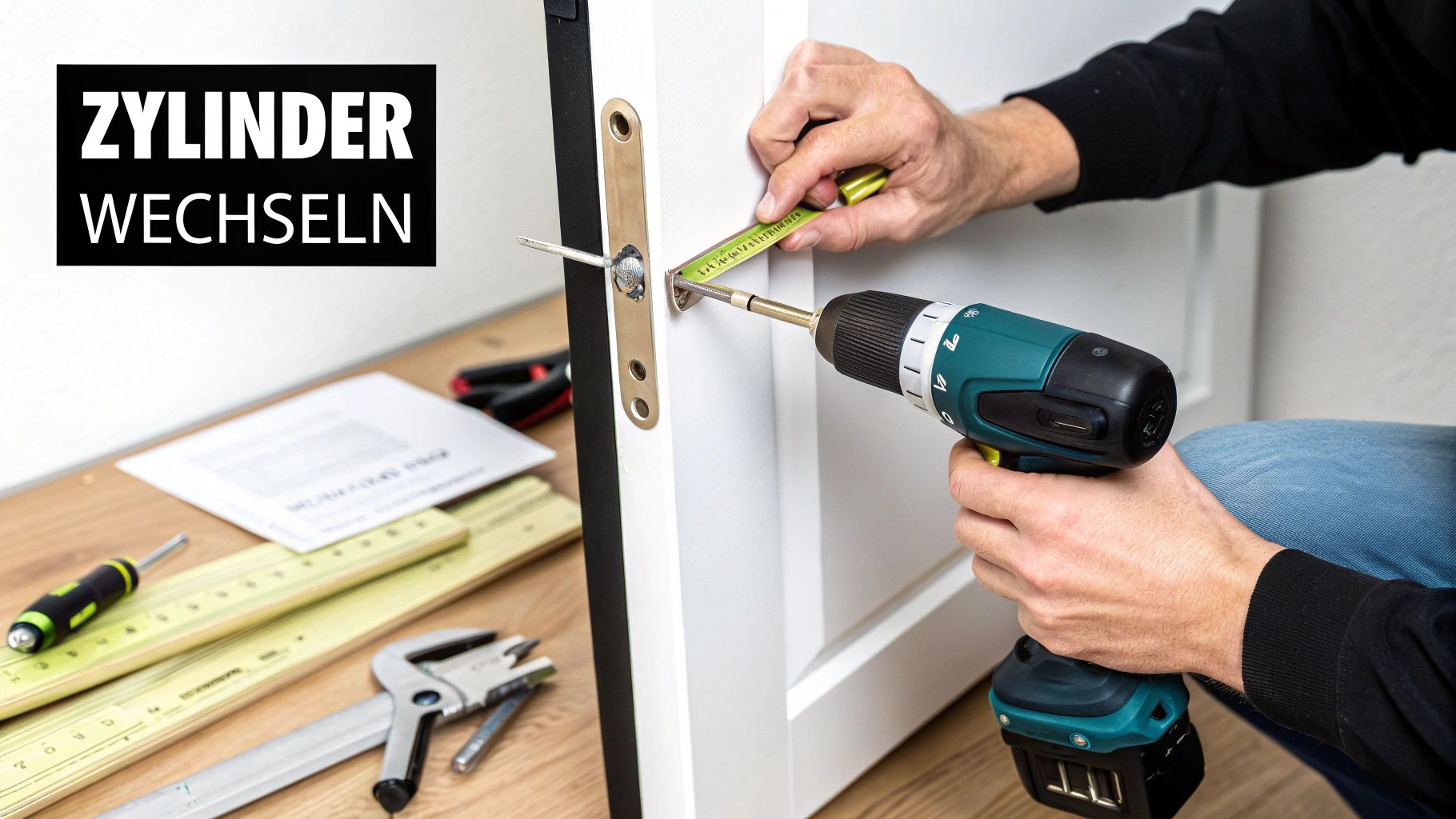 Eine Person wechselt einen Schließzylinder an einer Tür