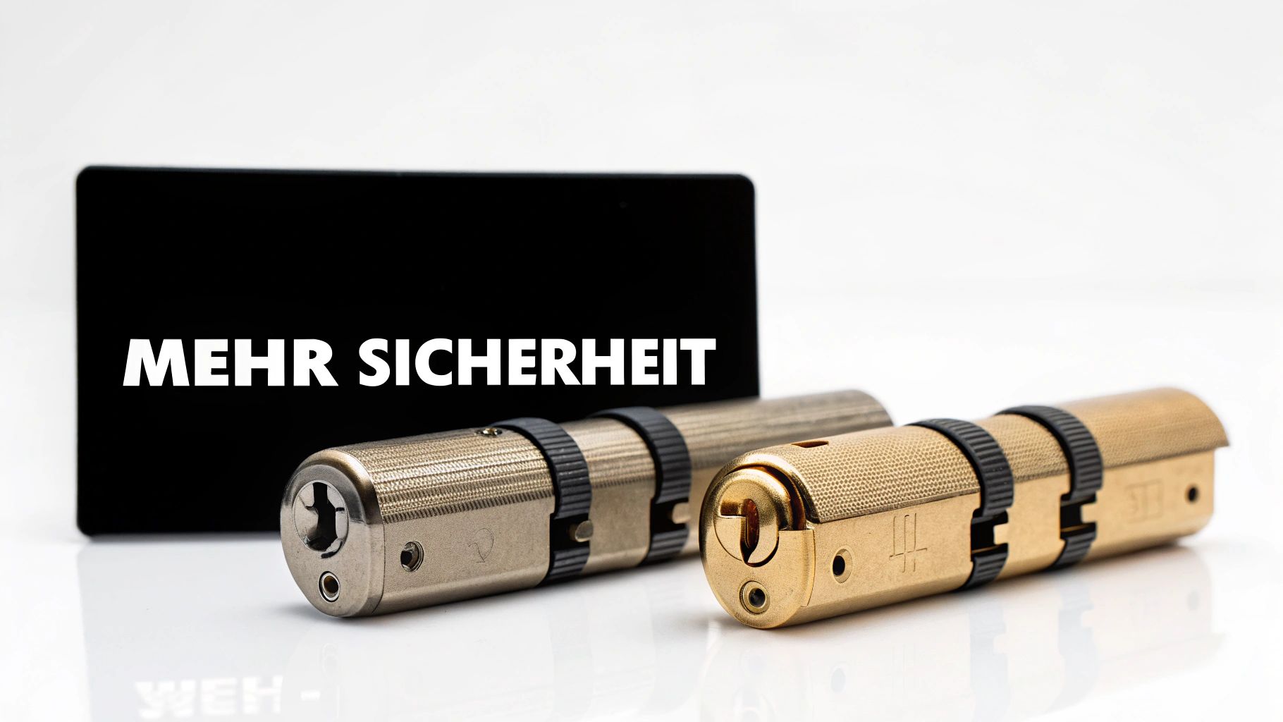 Zwei moderne Schließzylinder aus Metall liegen vor einem schwarzen Schild mit der Aufschrift 'MEHR SICHERHEIT'.