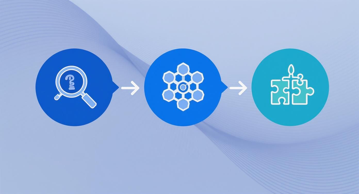 Infografik, die den Prozess des Aufbaus einer Themenwelt zeigt, mit Schritten für Recherche, Bündelung und Füllung von Lücken.