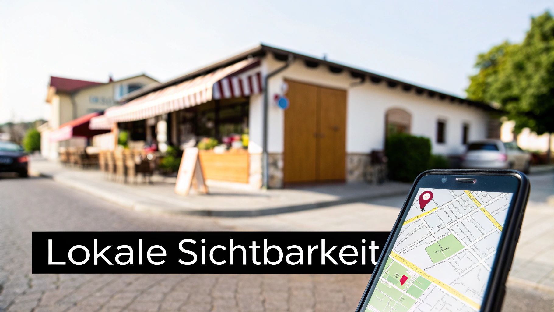 Ein Smartphone mit Navigations-App und Standortpin vor einem lokalen Geschäft, symbolisiert Online-Sichtbarkeit.