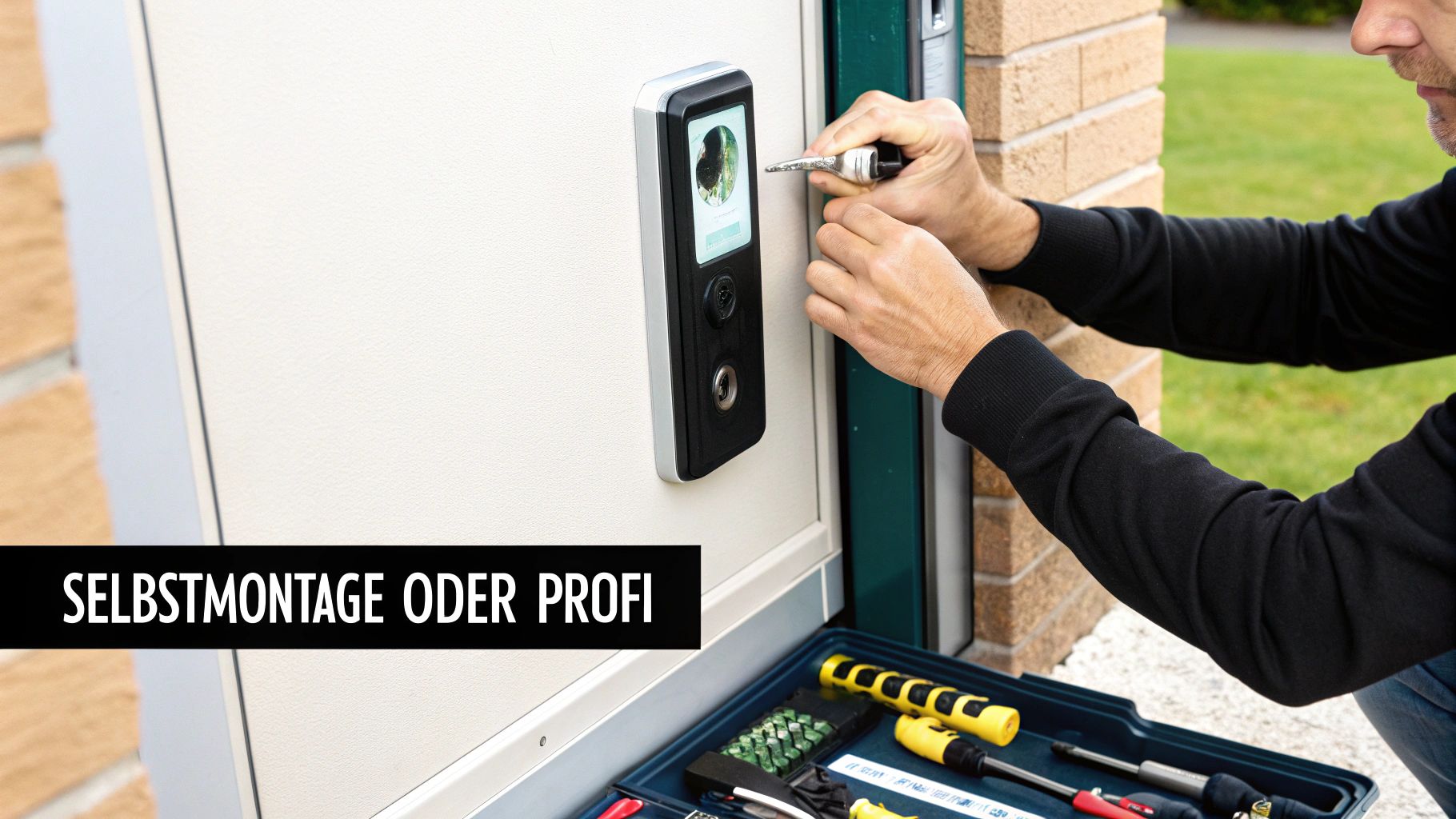 Mann montiert einen digitalen Türspion mit Werkzeug an einem Hauseingang, was Selbstmontage impliziert.